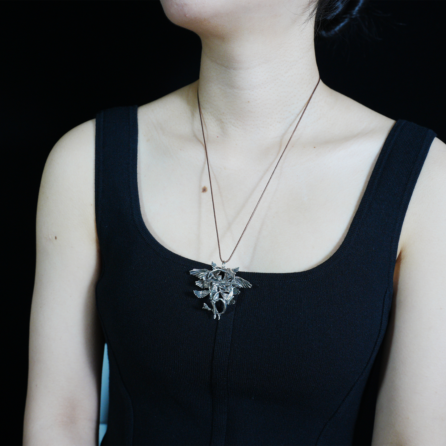 Winged Warrior Goddess Pendant – Bow-Drawn Valkyrie Necklace, Gothic Mythic Amulet, Sculptural Statement Jewelry