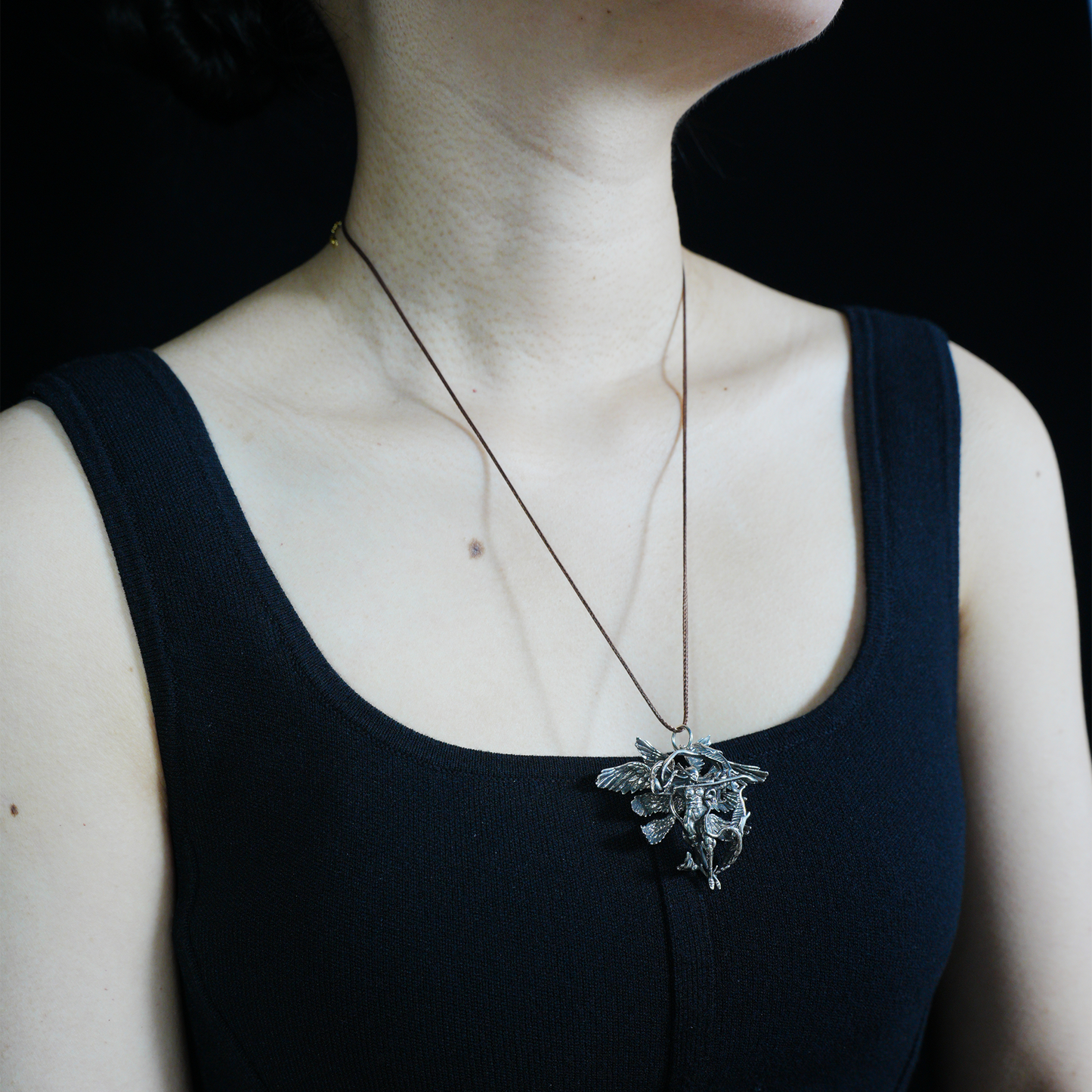 Winged Warrior Goddess Pendant – Bow-Drawn Valkyrie Necklace, Gothic Mythic Amulet, Sculptural Statement Jewelry
