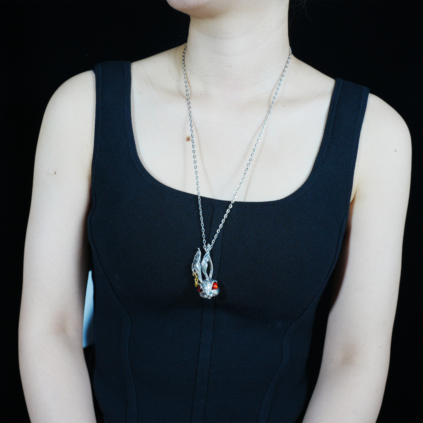 Gothic Red-Eyed Bunny Necklace, Fantasy Animal Totem Pendant, Spiritual Amulet Jewelry, Unique Gift for Dark Aesthetic and Holiday Wear