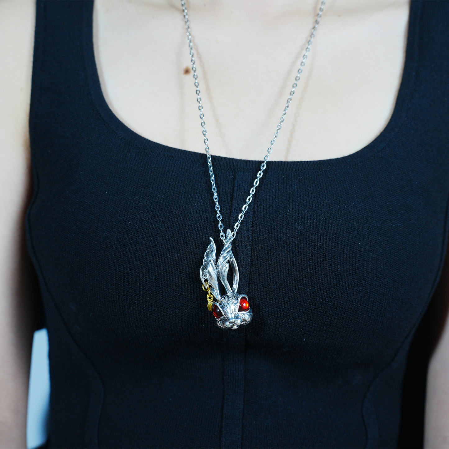 Gothic Red-Eyed Bunny Necklace, Fantasy Animal Totem Pendant, Spiritual Amulet Jewelry, Unique Gift for Dark Aesthetic and Holiday Wear