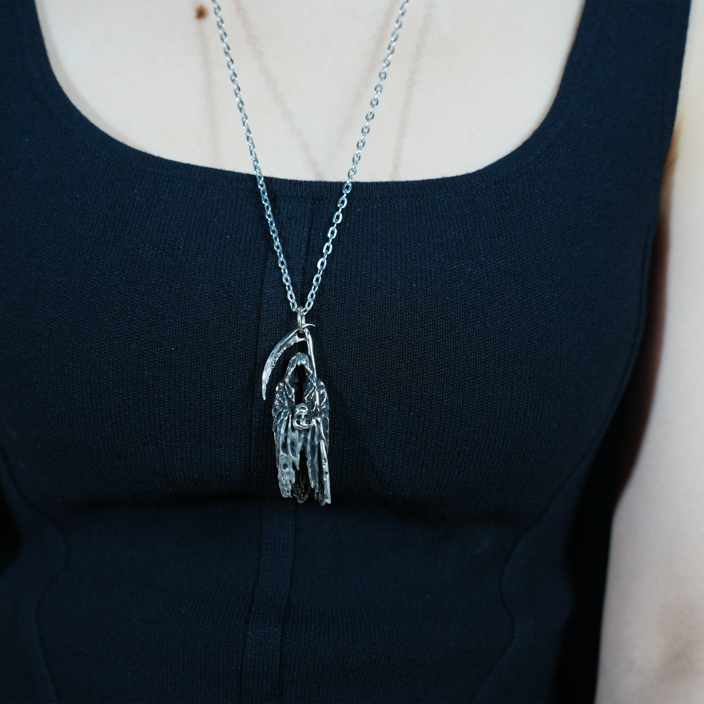 Gothic Grim Reaper Pendant, Dark Amulet Necklace, Hooded Scythe Figure Jewelry, Punk Occult Style for Gothic Outfit & Spiritual Wearers