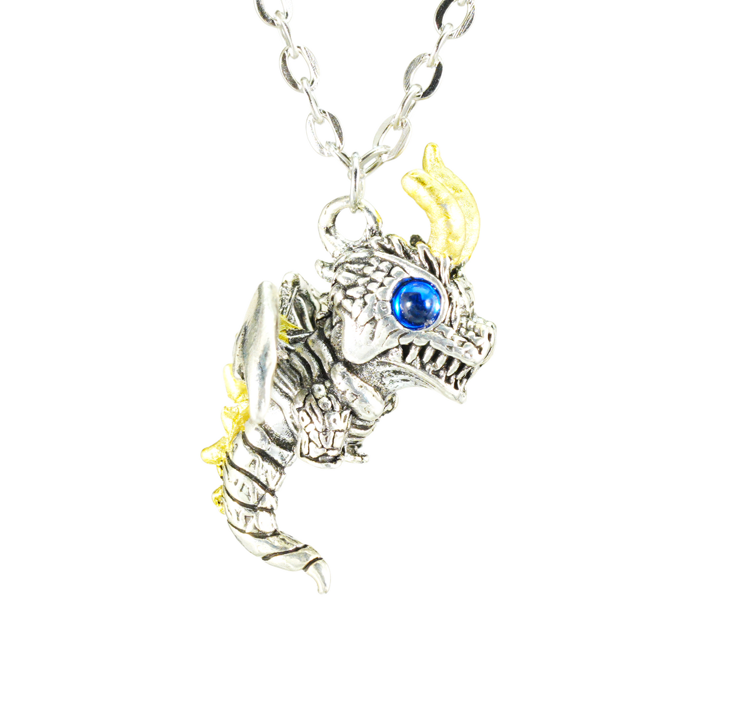 Gothic Drachen Anhänger Halskette, Fantasy Wächteramulett mit blauen Augen, Mythischer Schmuck