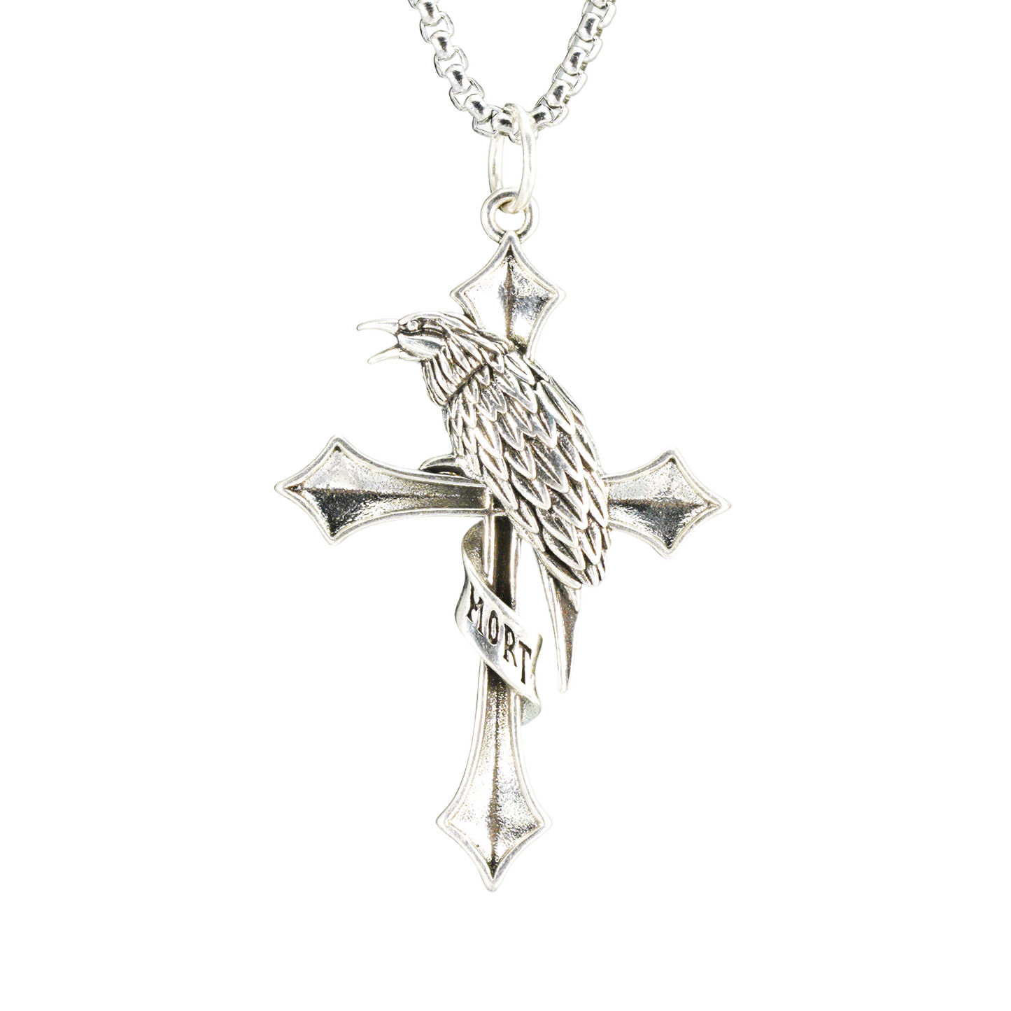 Raven & Cross Gothic Pendant, Dark Gothic brass Necklace, Symbol of Fate & Mystery