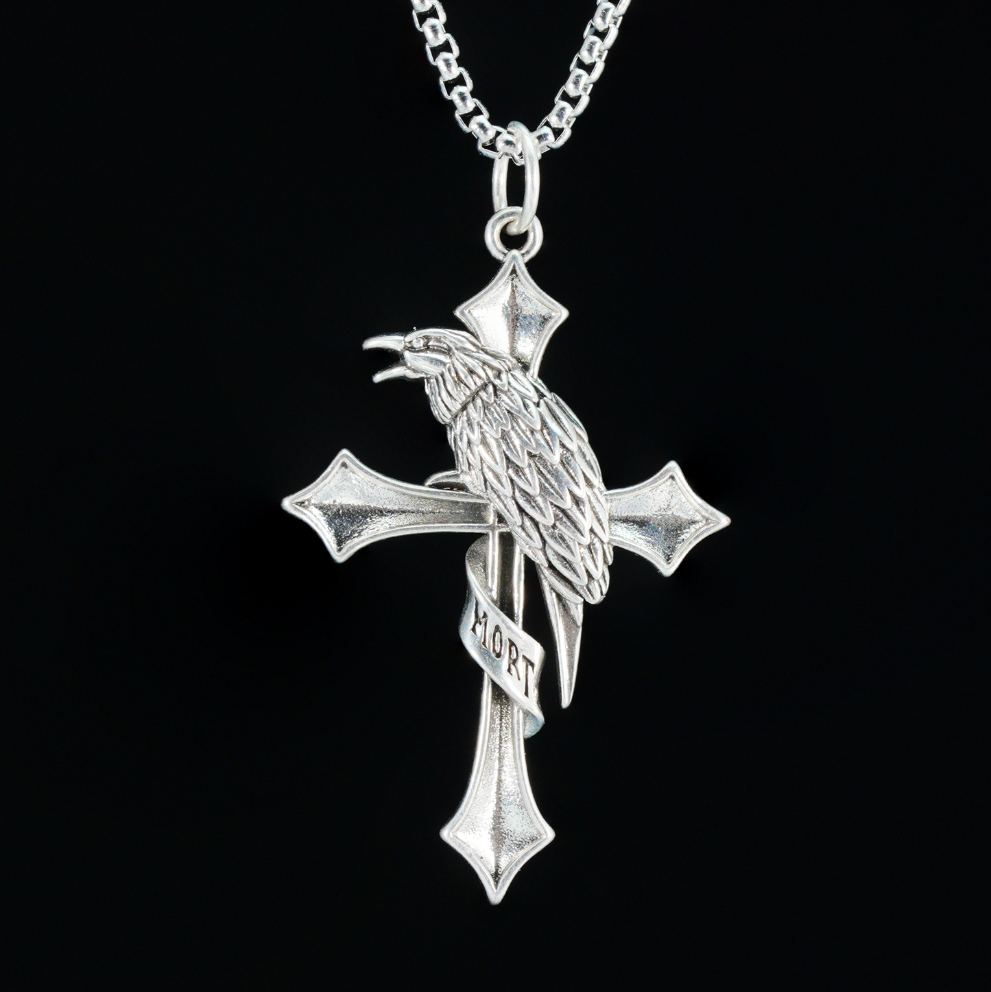 Raven & Cross Gothic Pendant, Dark Gothic brass Necklace, Symbol of Fate & Mystery