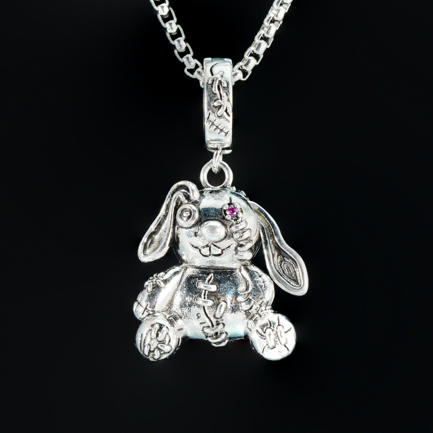 Gothic Stitched Bunny Pendant, Dark Fantasy Plush Rabbit Necklace, Creepy Cute Jewelry