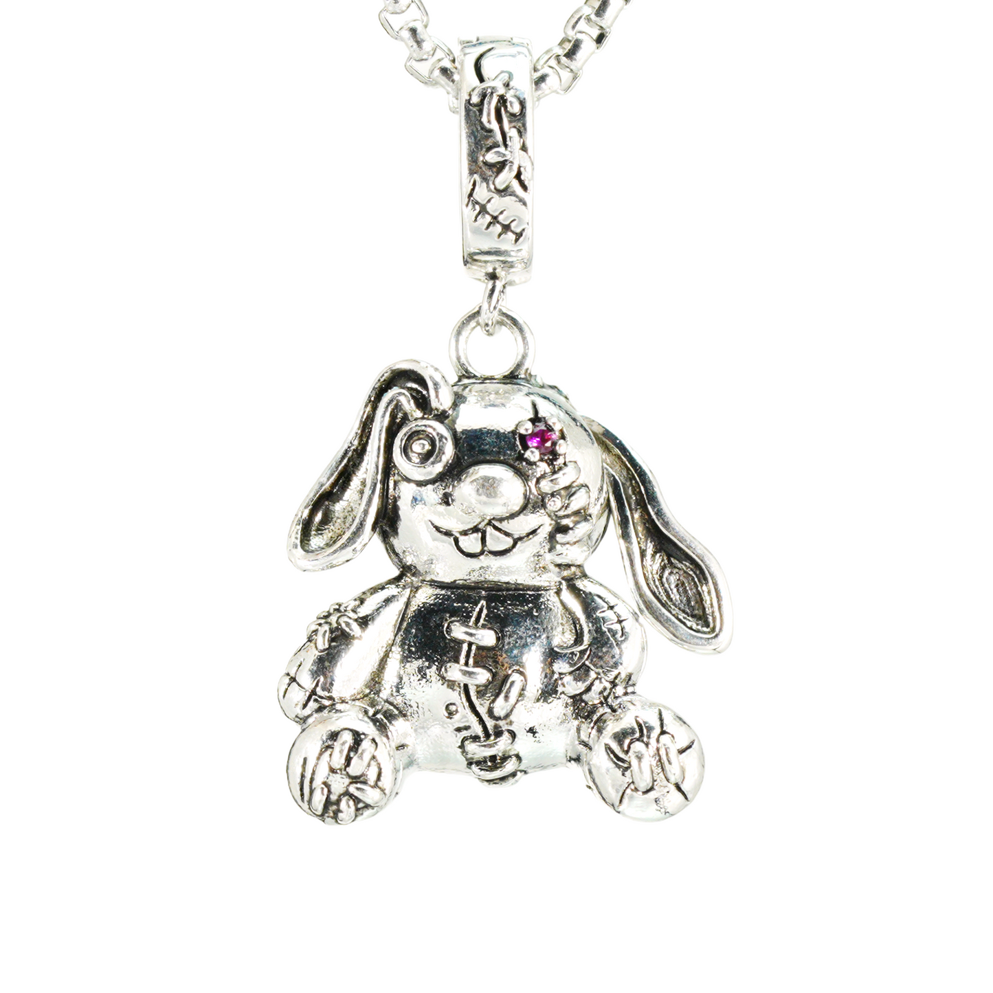 Gothic Stitched Bunny Pendant, Dark Fantasy Plush Rabbit Necklace, Creepy Cute Jewelry