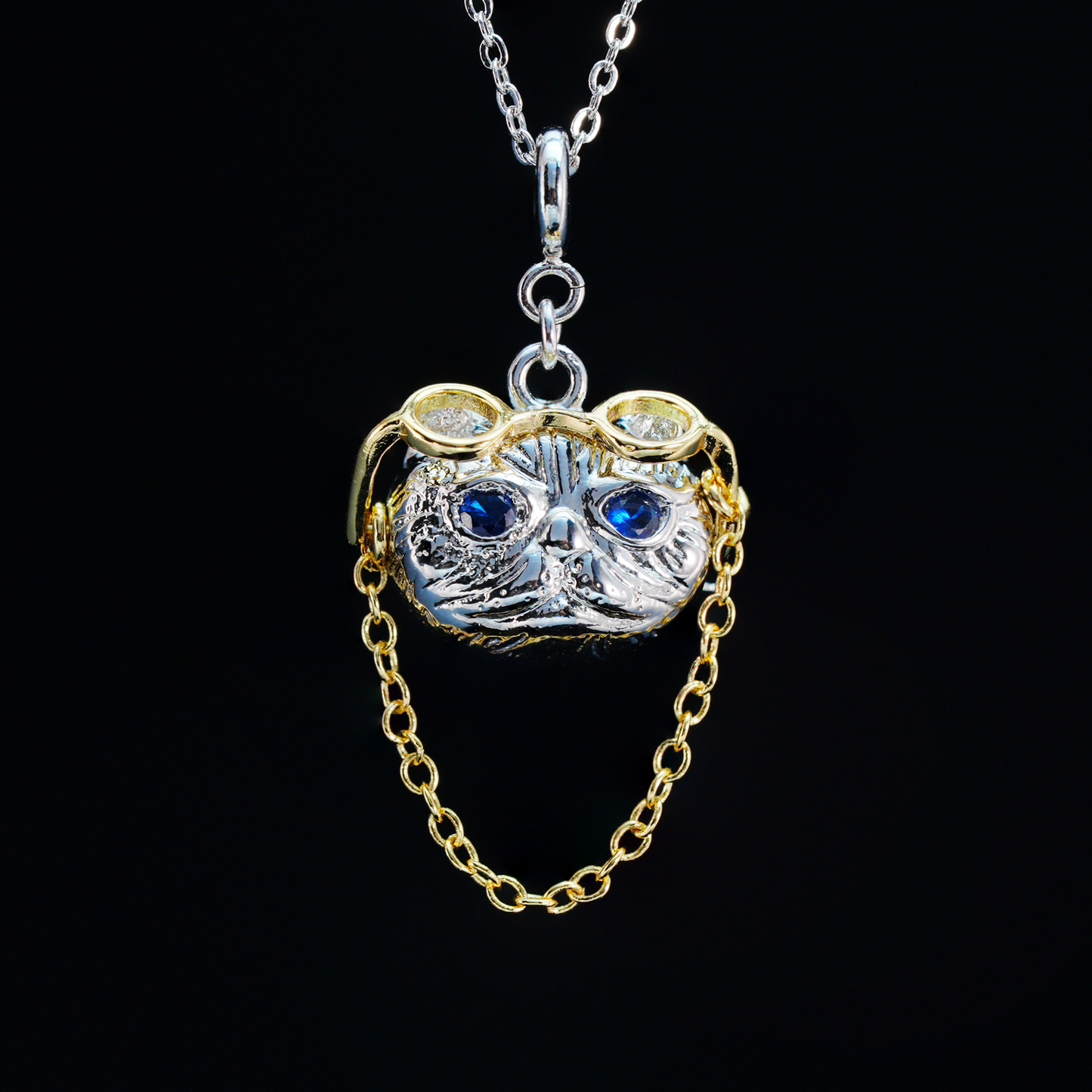 Gothic Steampunk Cat Brooch Pendant, Wise Blue-Eyed Cat with Golden Glasses, Fantasy Jewelry