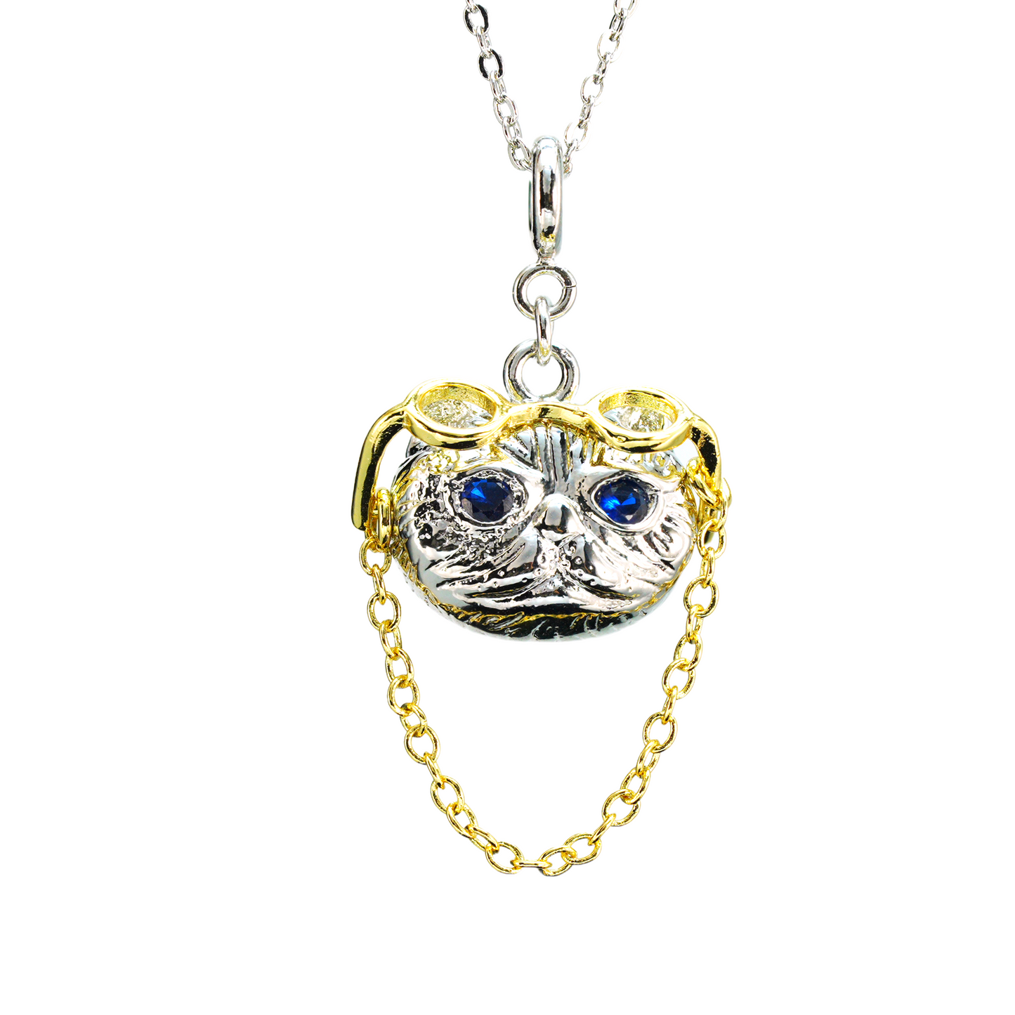 Gothic Steampunk Cat Brooch Pendant, Wise Blue-Eyed Cat with Golden Glasses, Fantasy Jewelry