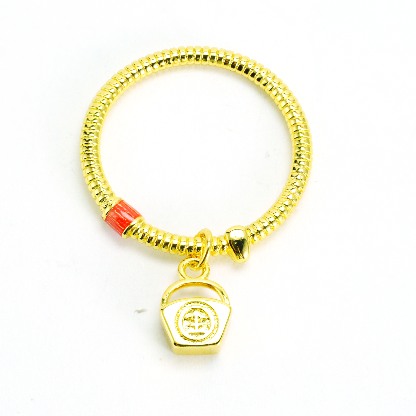 Gold spring ring design ring with red embellishment Chinese auspicious retro ring