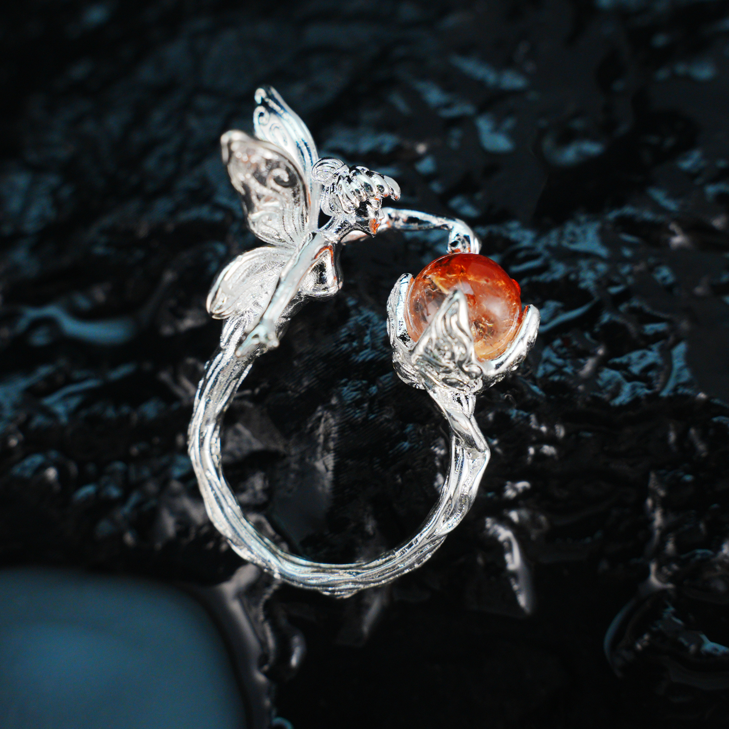 Enchanted Forest Fairy Ring, Gothic Fantasy Elf Jewelry with Orange Gem, Magic Nature Gift