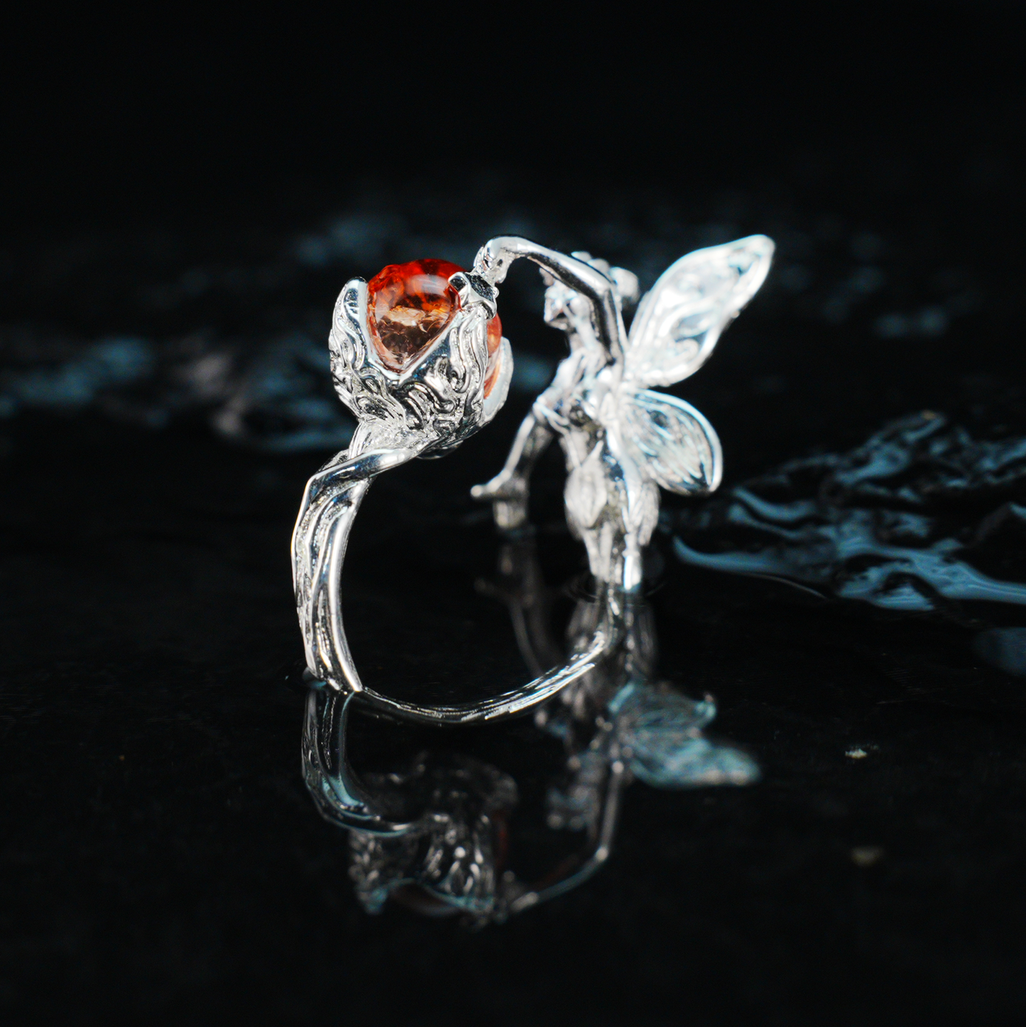 Enchanted Forest Fairy Ring, Gothic Fantasy Elf Jewelry with Orange Gem, Magic Nature Gift