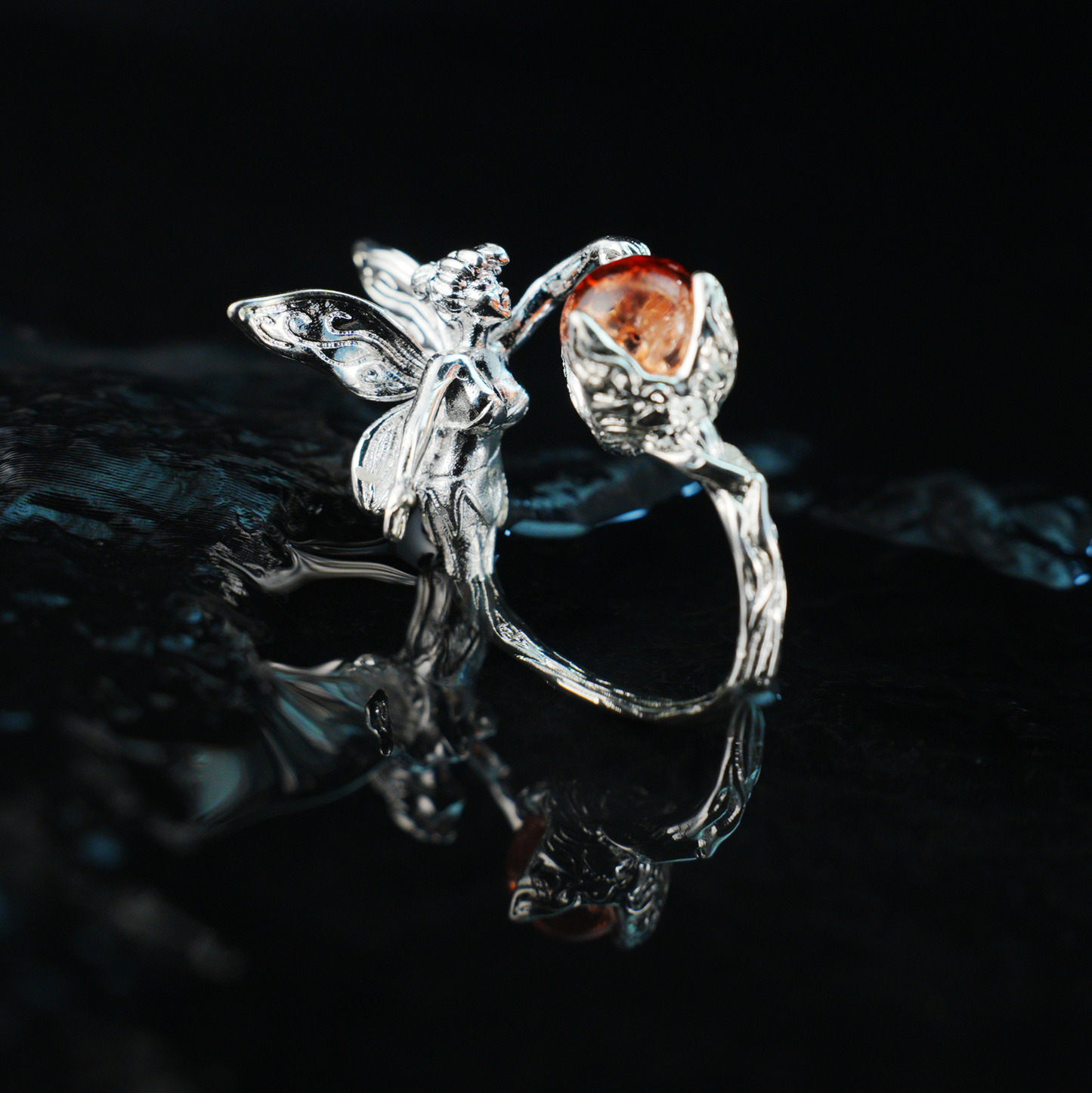 Enchanted Forest Fairy Ring, Gothic Fantasy Elf Jewelry with Orange Gem, Magic Nature Gift