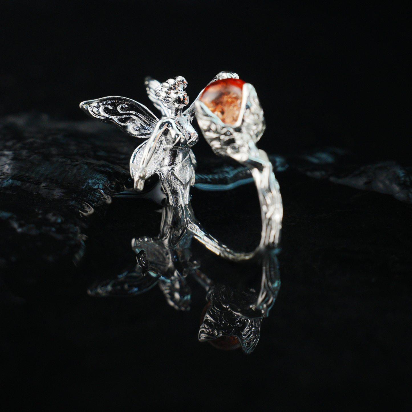 Enchanted Forest Fairy Ring, Gothic Fantasy Elf Jewelry with Orange Gem, Magic Nature Gift