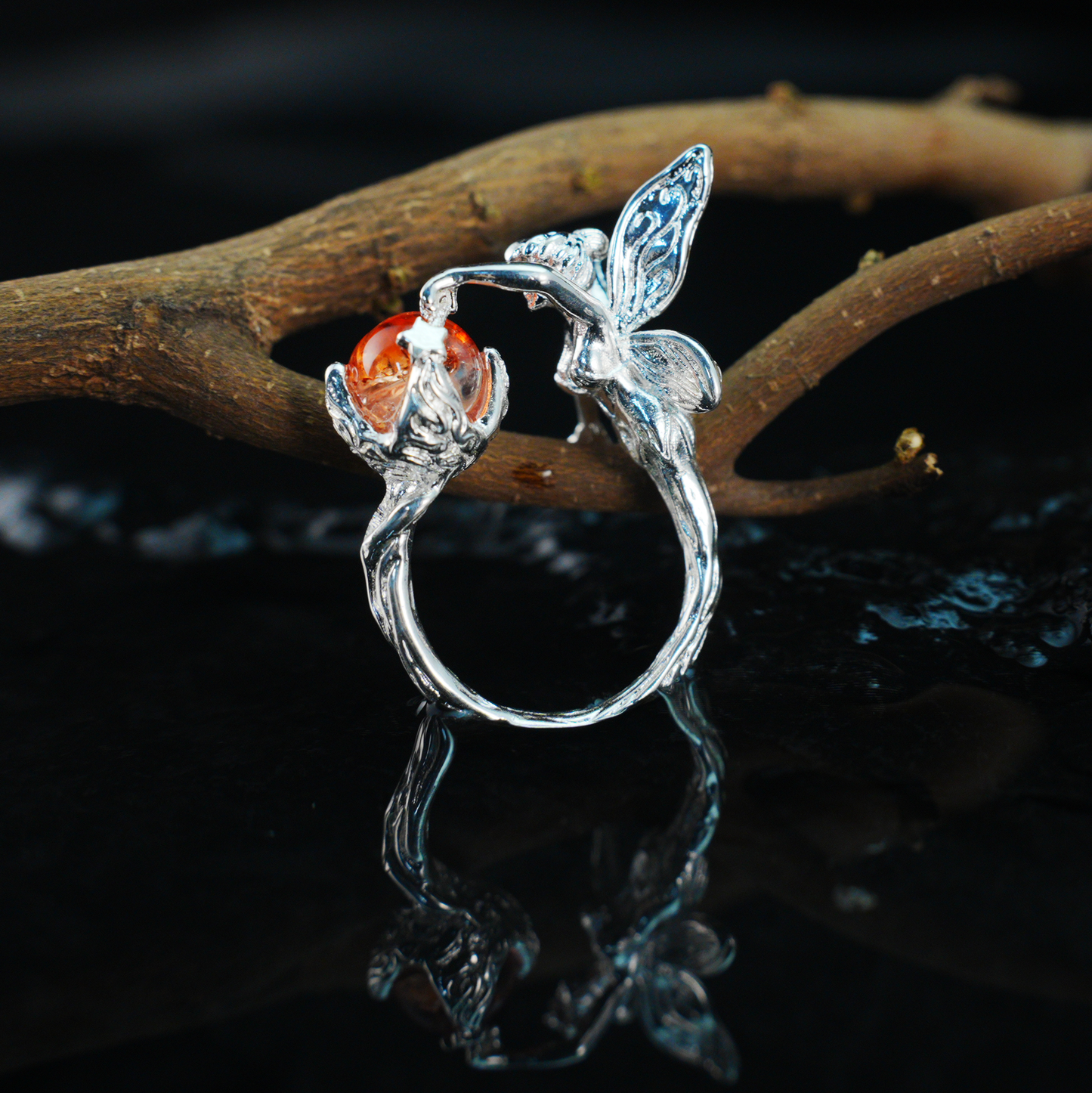 Enchanted Forest Fairy Ring, Gothic Fantasy Elf Jewelry with Orange Gem, Magic Nature Gift
