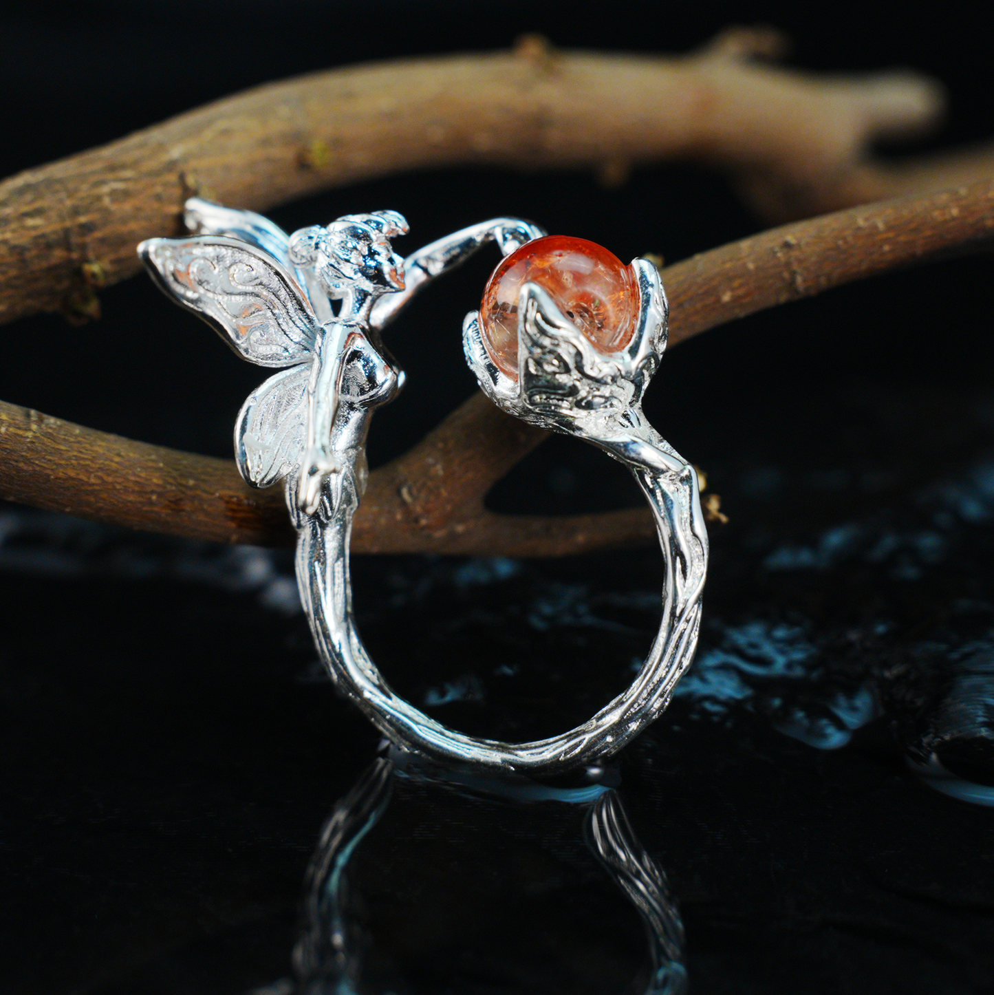 Enchanted Forest Fairy Ring, Gothic Fantasy Elf Jewelry with Orange Gem, Magic Nature Gift