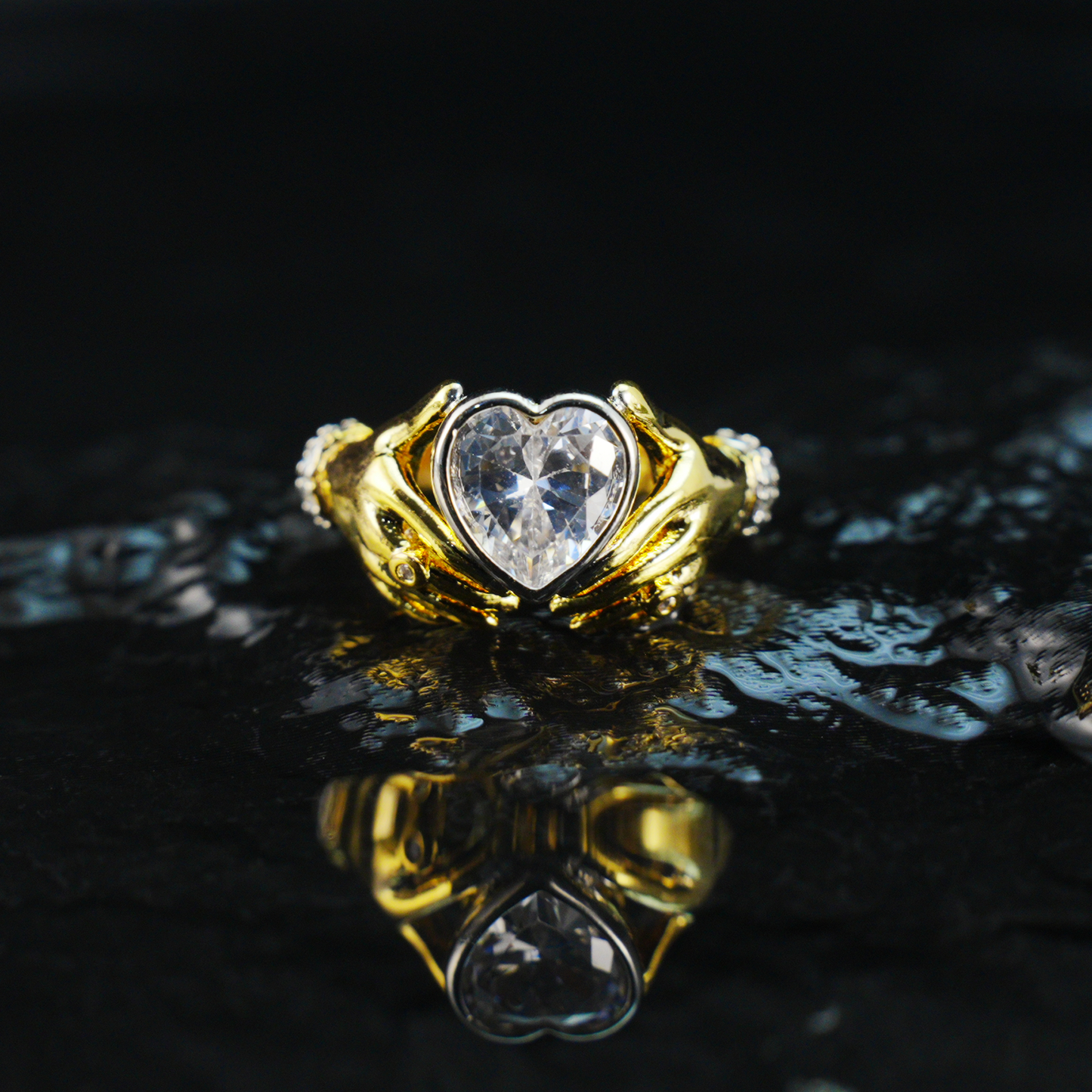 Hands Holding Heart Ring with CZ Stone Vintage Romantic Couple Jewelry