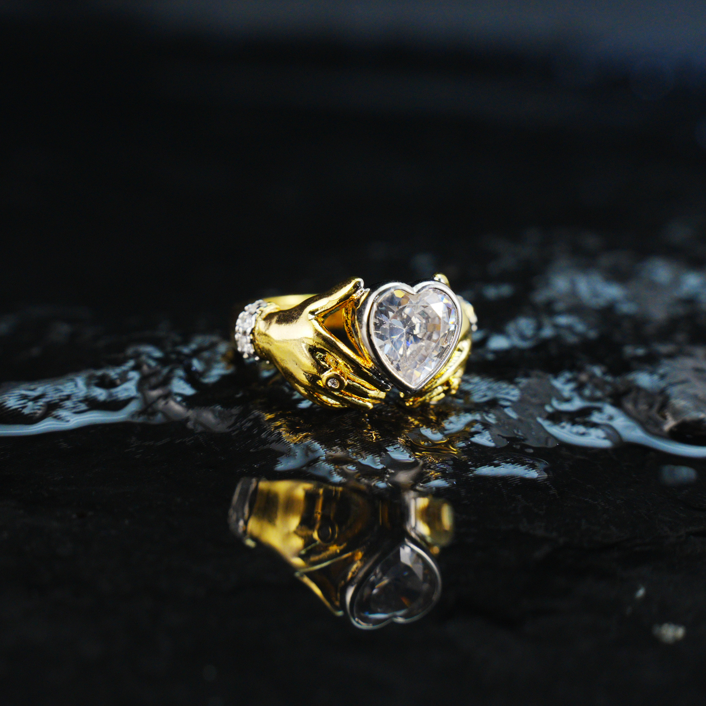 Hands Holding Heart Ring with CZ Stone Vintage Romantic Couple Jewelry