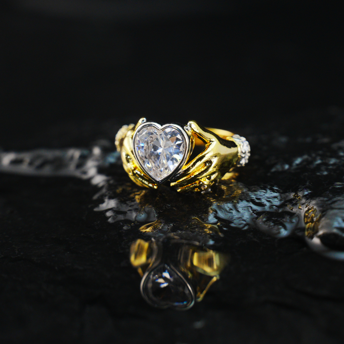 Hands Holding Heart Ring with CZ Stone Vintage Romantic Couple Jewelry