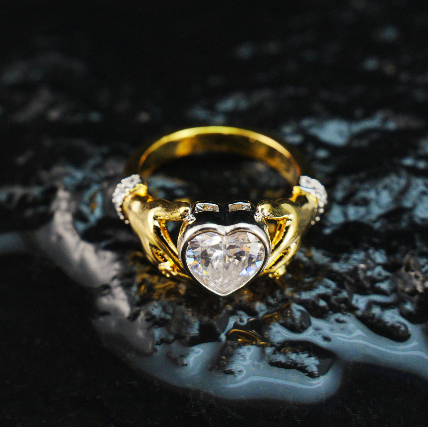 Hands Holding Heart Ring with CZ Stone Vintage Romantic Couple Jewelry