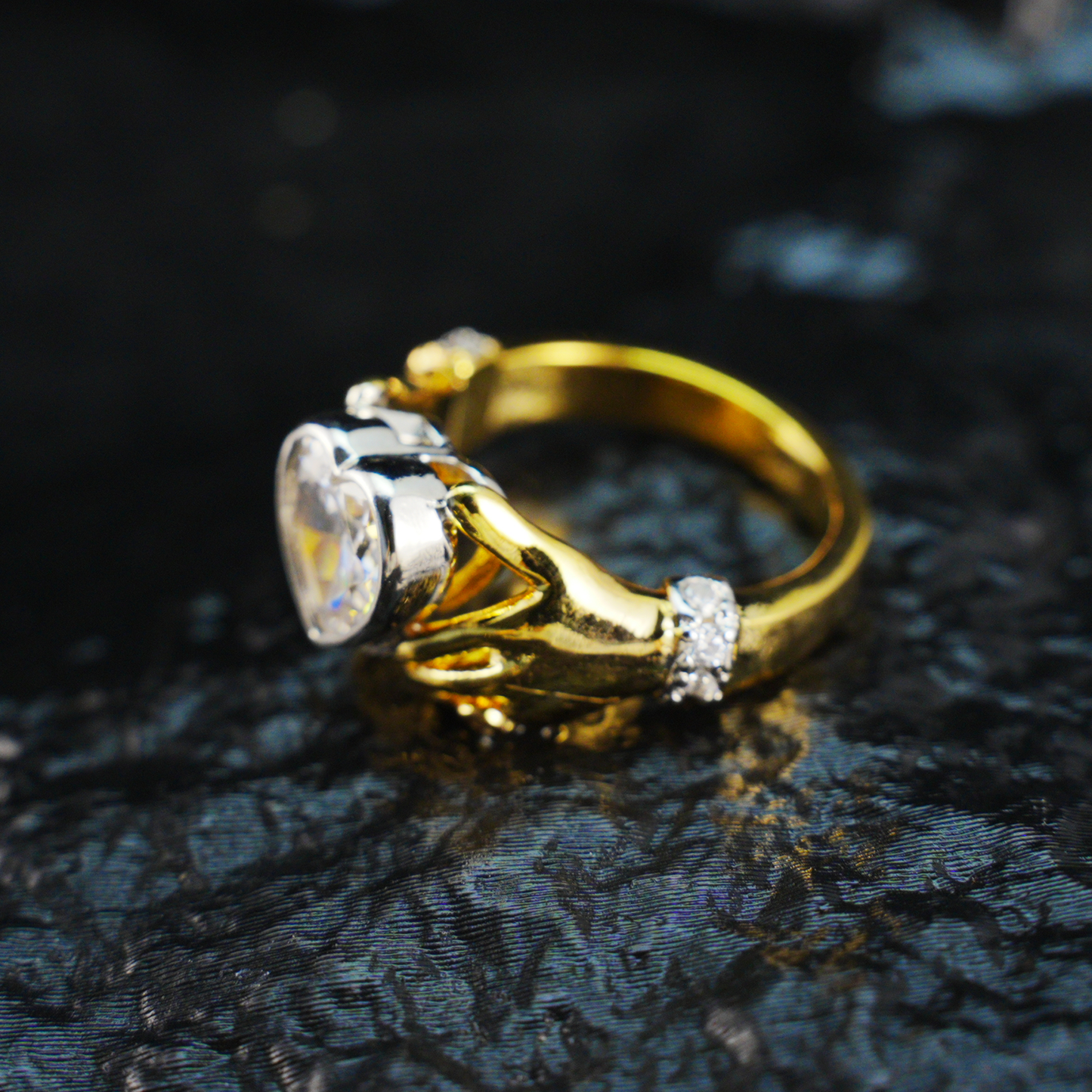 Hands Holding Heart Ring with CZ Stone Vintage Romantic Couple Jewelry