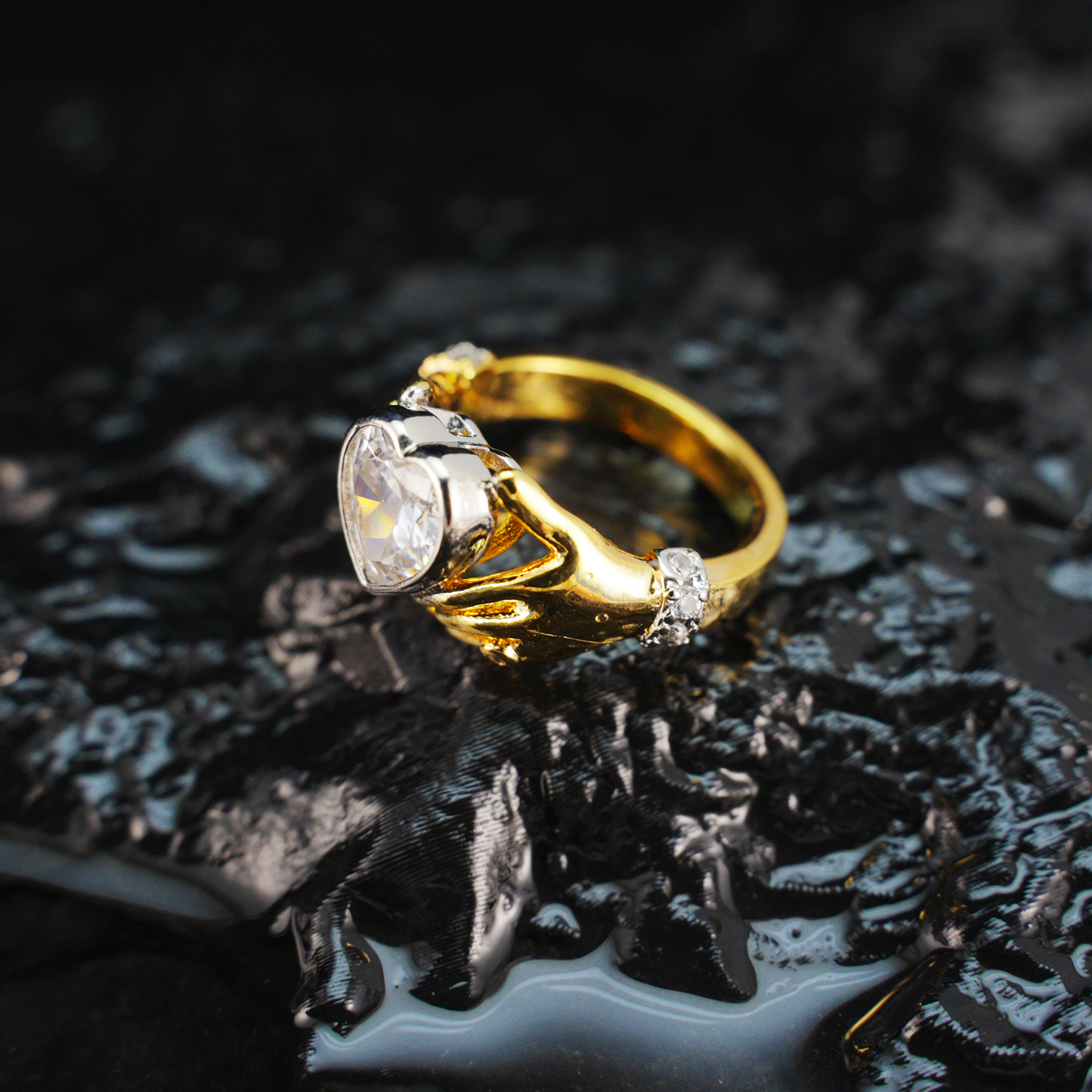 Hands Holding Heart Ring with CZ Stone Vintage Romantic Couple Jewelry