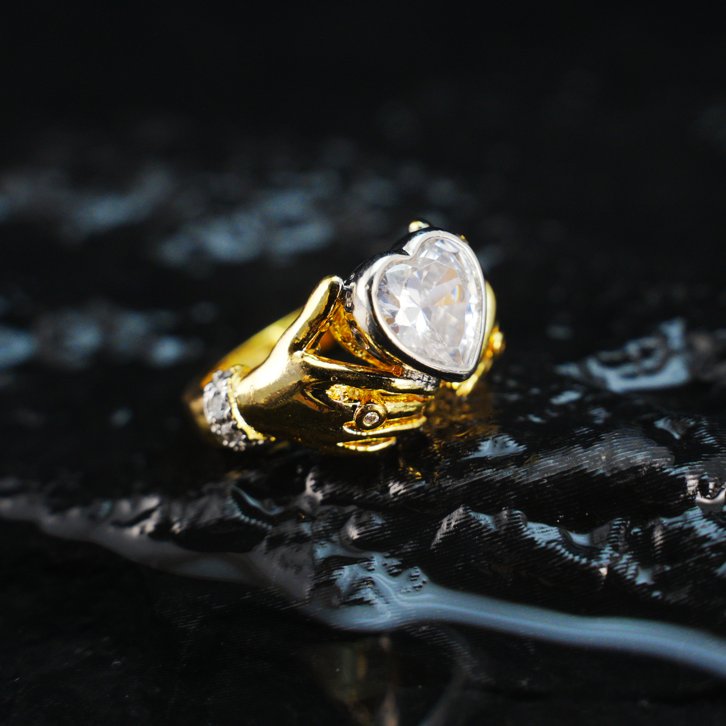 Hands Holding Heart Ring with CZ Stone Vintage Romantic Couple Jewelry