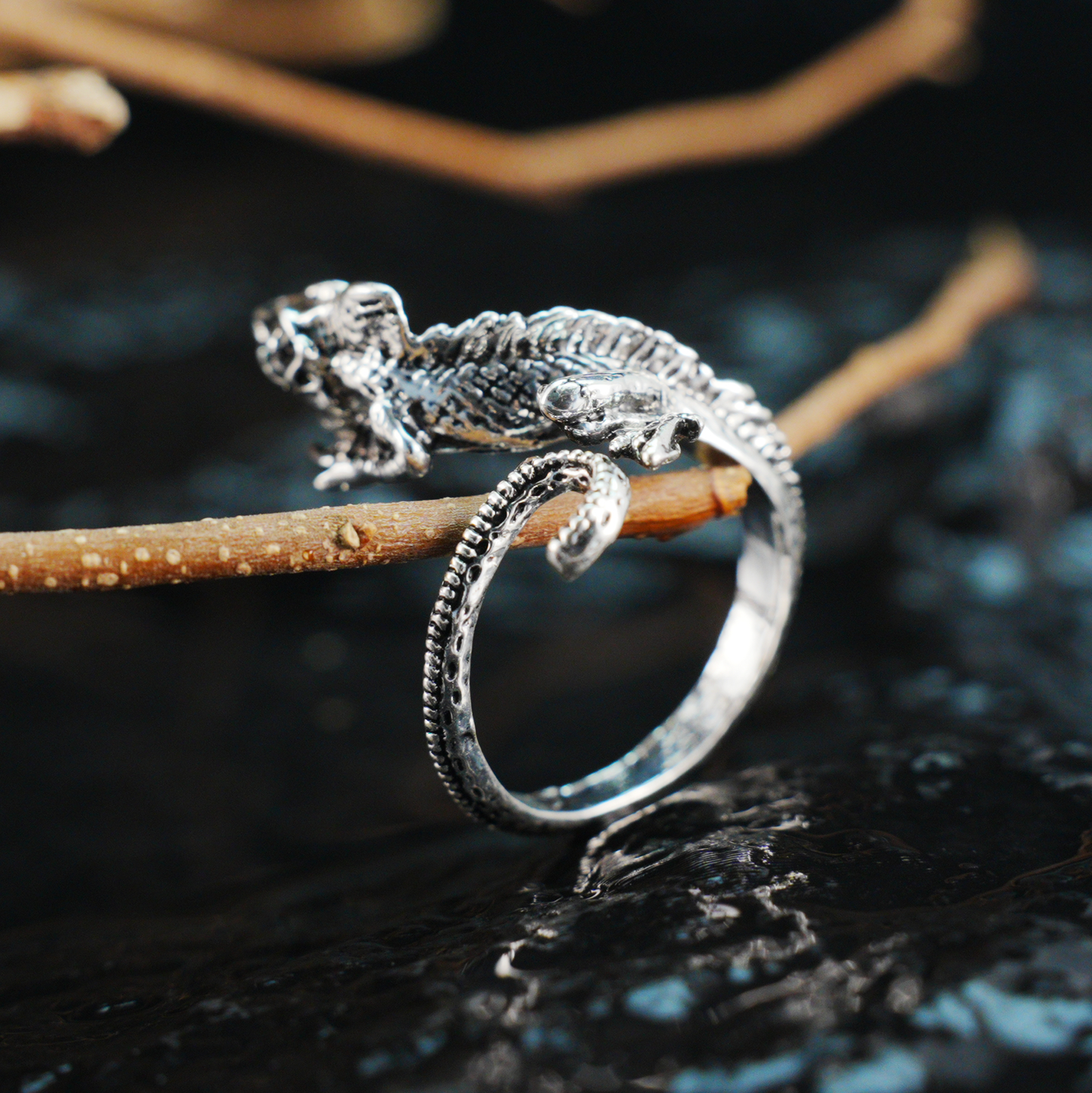 Gothic Eidechsenring – Mythischer Gecko-Schmuck, verstellbares Band mit Naturgeist