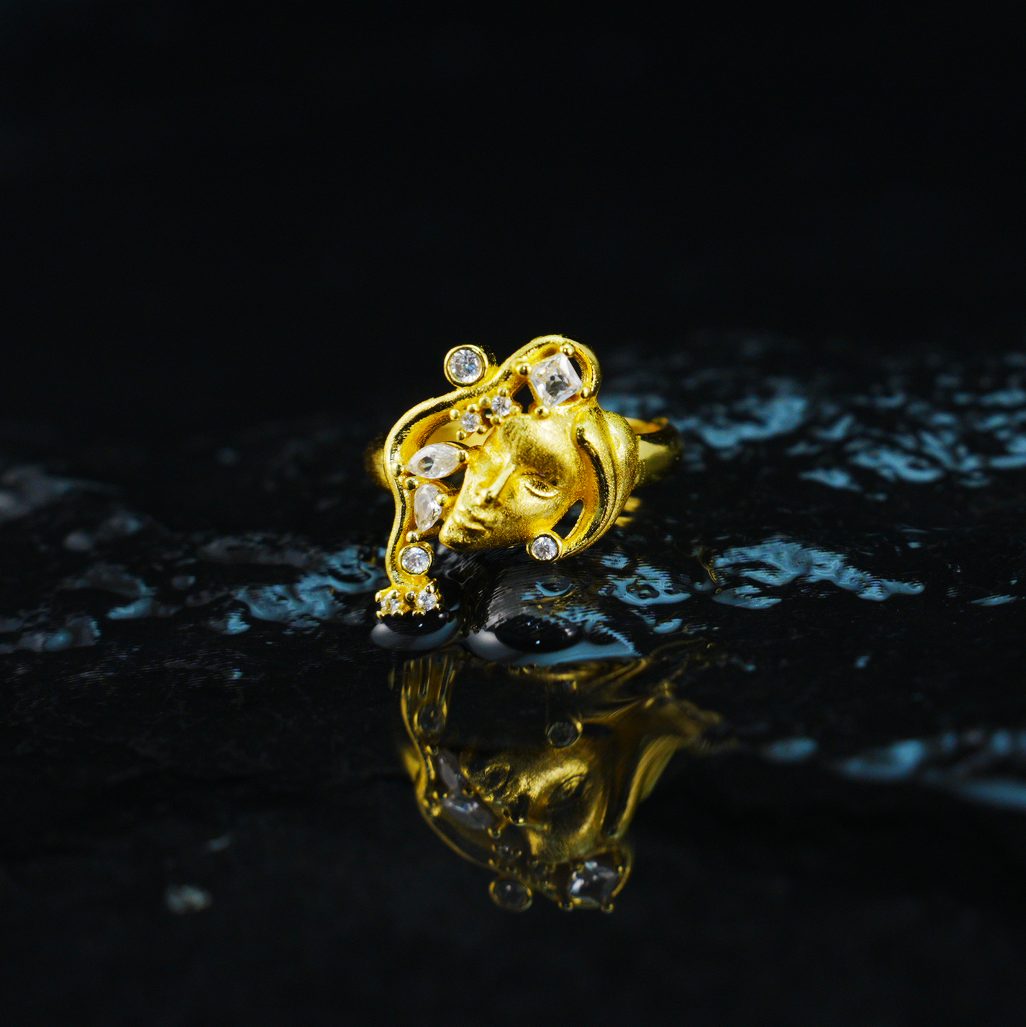 Moon Goddess Gold Ring Vintage Crystal Starry Night Adjustable Ring
