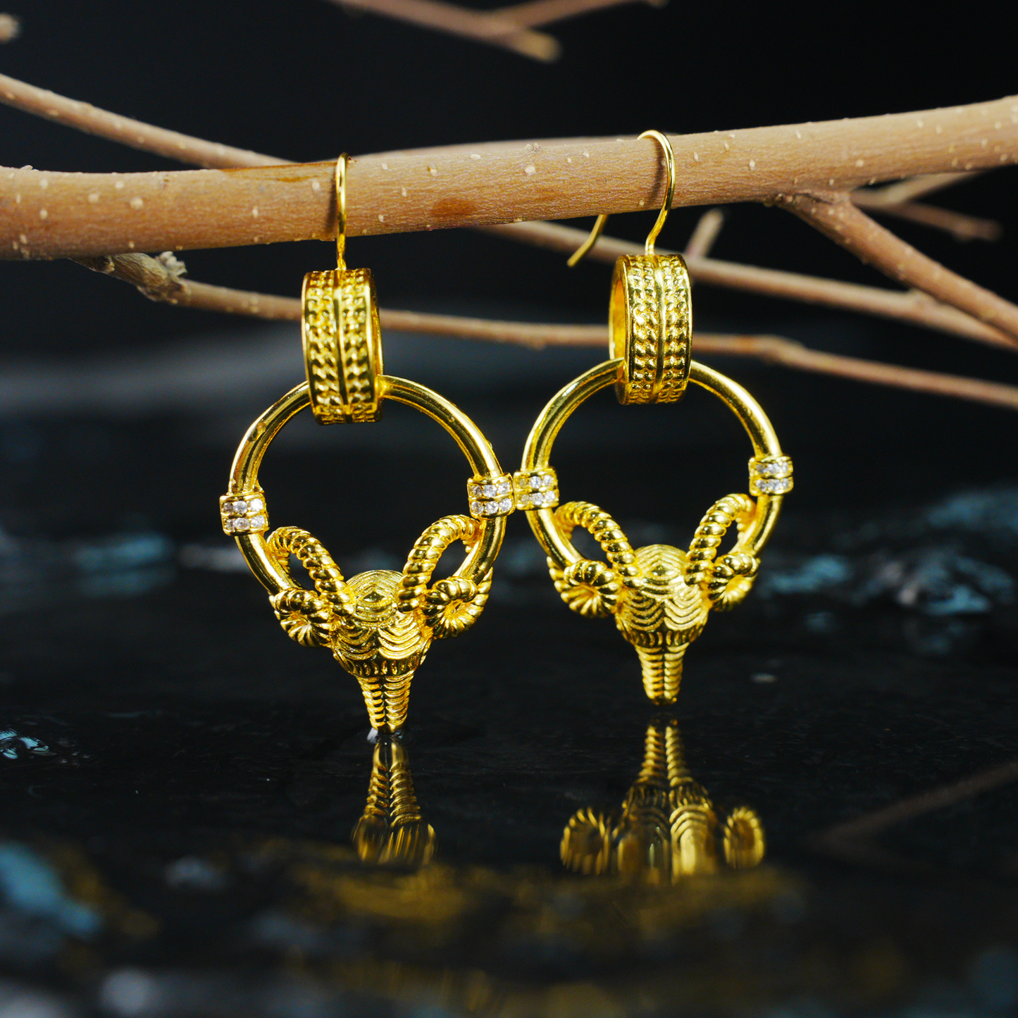 Ram Warrior Earrings Vintage Hoop with Crystal Gothic Statement Studs