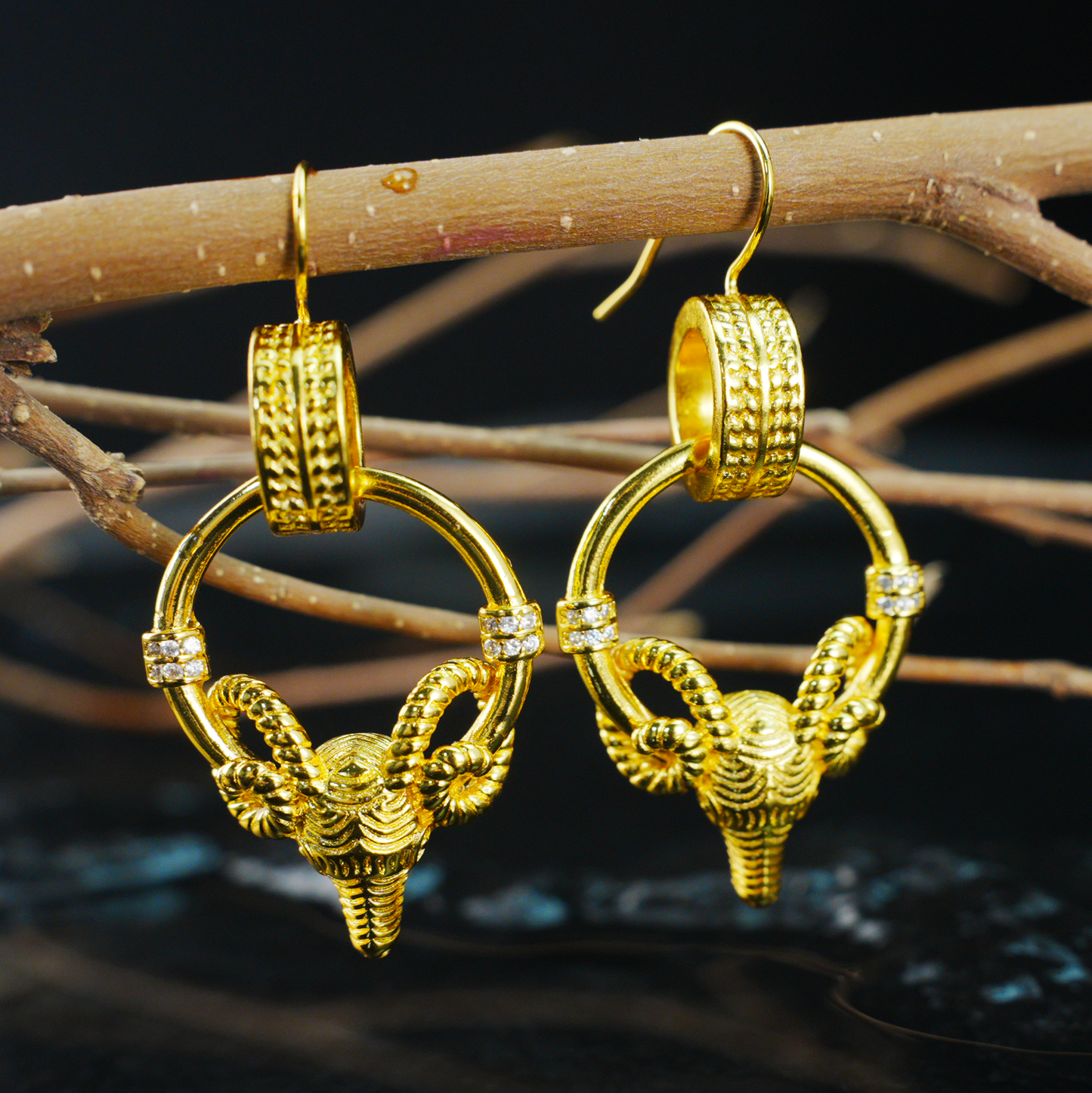 Ram Warrior Earrings Vintage Hoop with Crystal Gothic Statement Studs