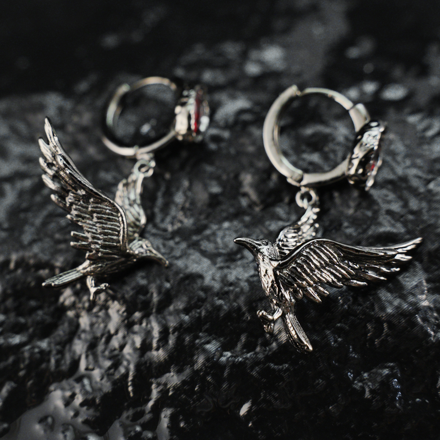 Gothic Raven Earrings with Crimson Gem, Norse Mythology Bird Jewelry, Witchy Pagan Gift