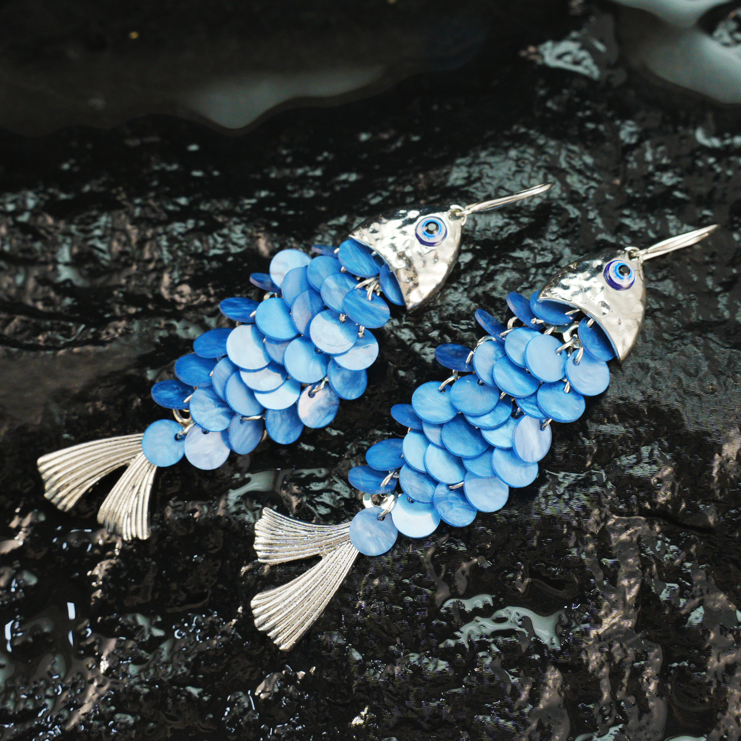 Blue Fish Scale Long Dangle Earrings Ocean Style Statement Jewelry for Summer