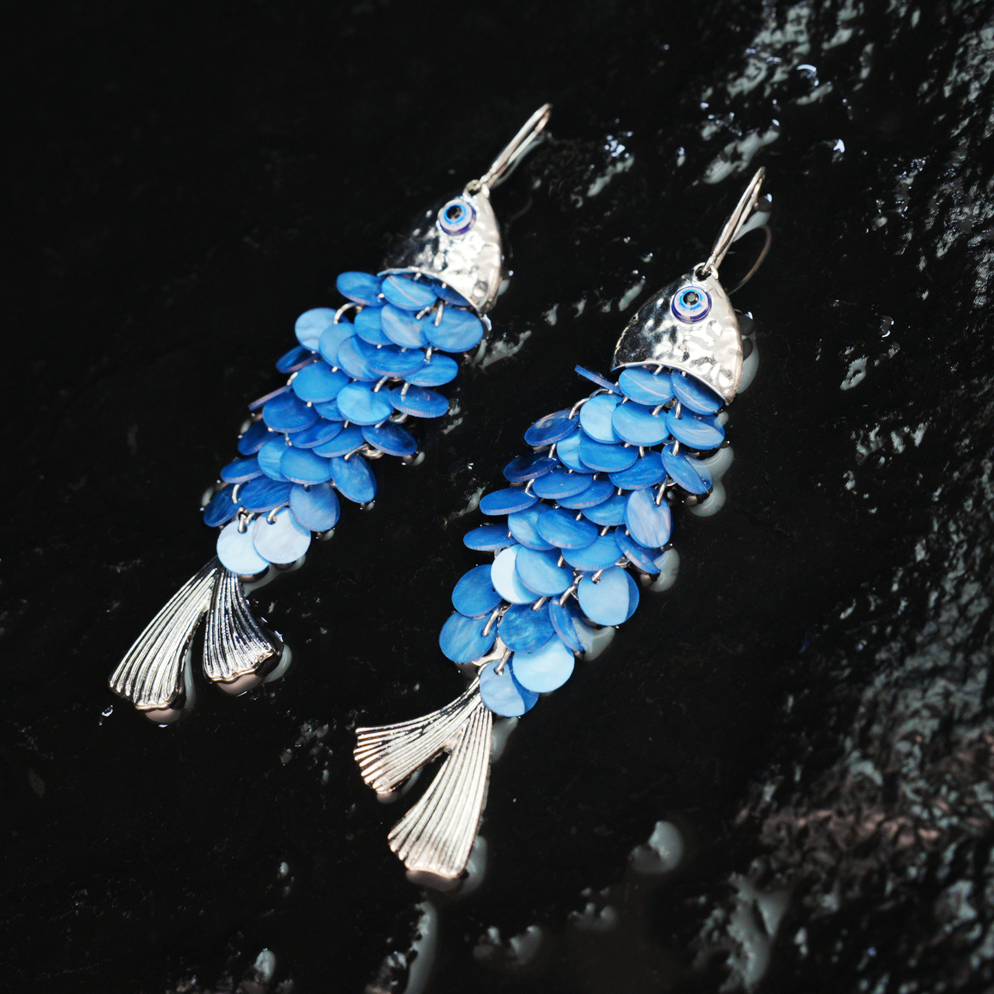 Blue Fish Scale Long Dangle Earrings Ocean Style Statement Jewelry for Summer