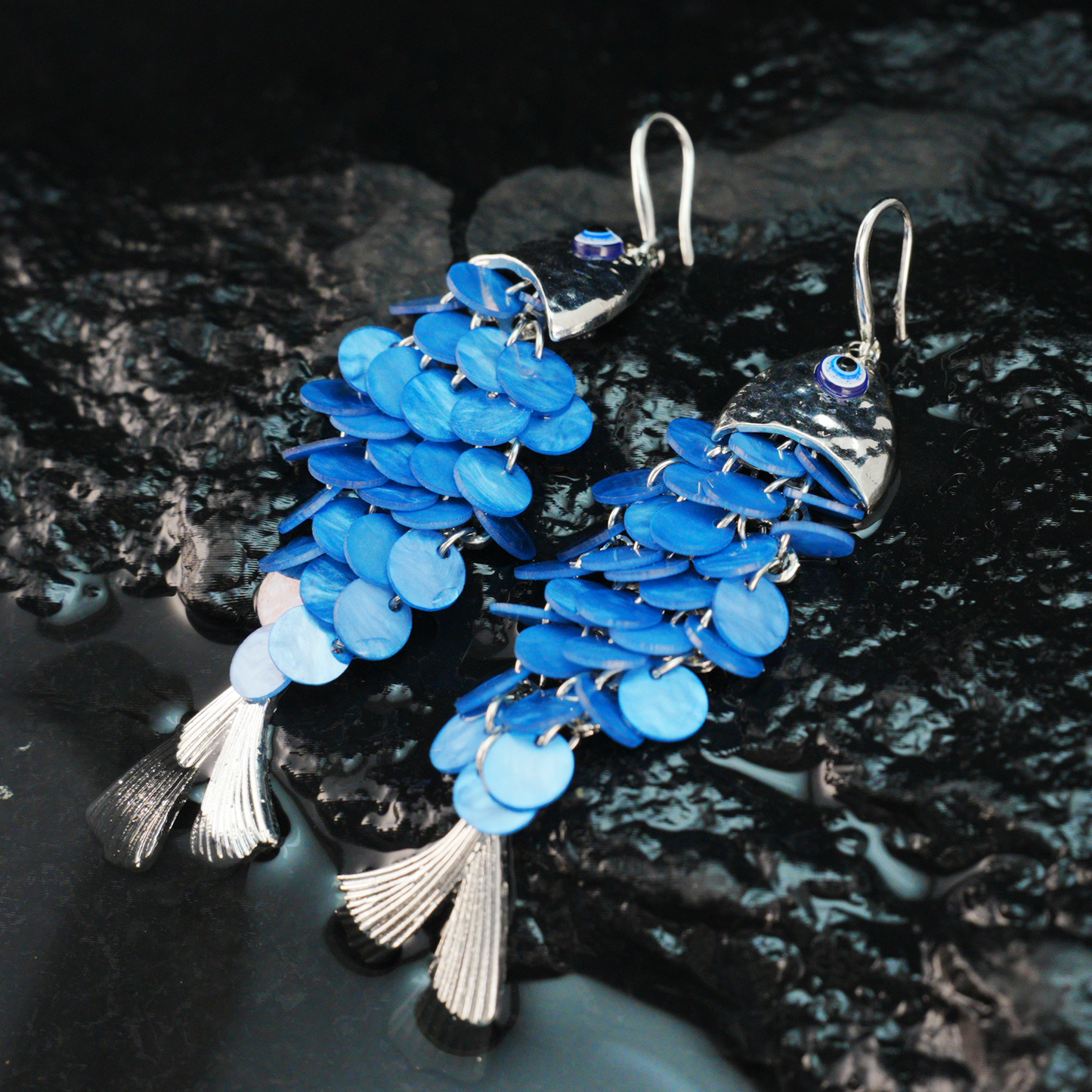 Blue Fish Scale Long Dangle Earrings Ocean Style Statement Jewelry for Summer