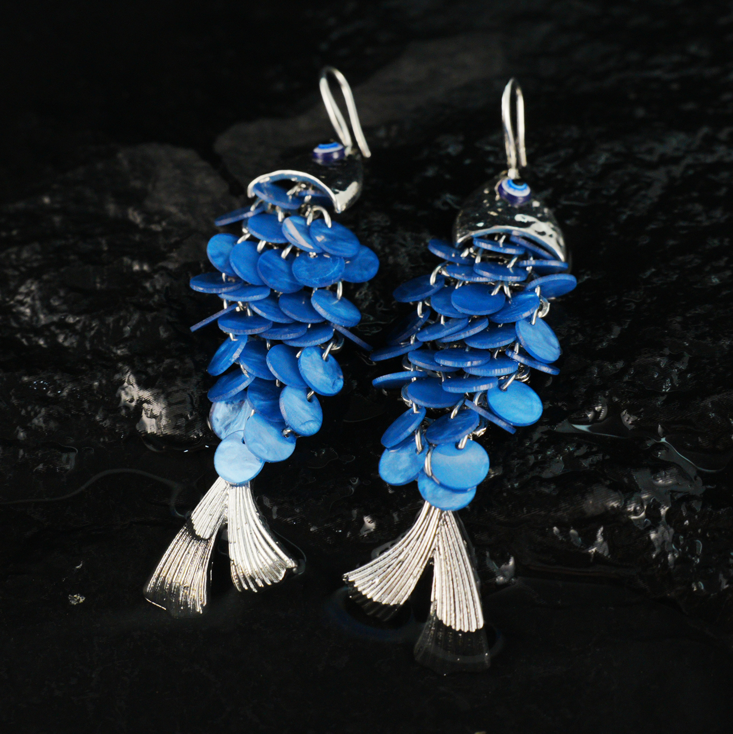 Blue Fish Scale Long Dangle Earrings Ocean Style Statement Jewelry for Summer