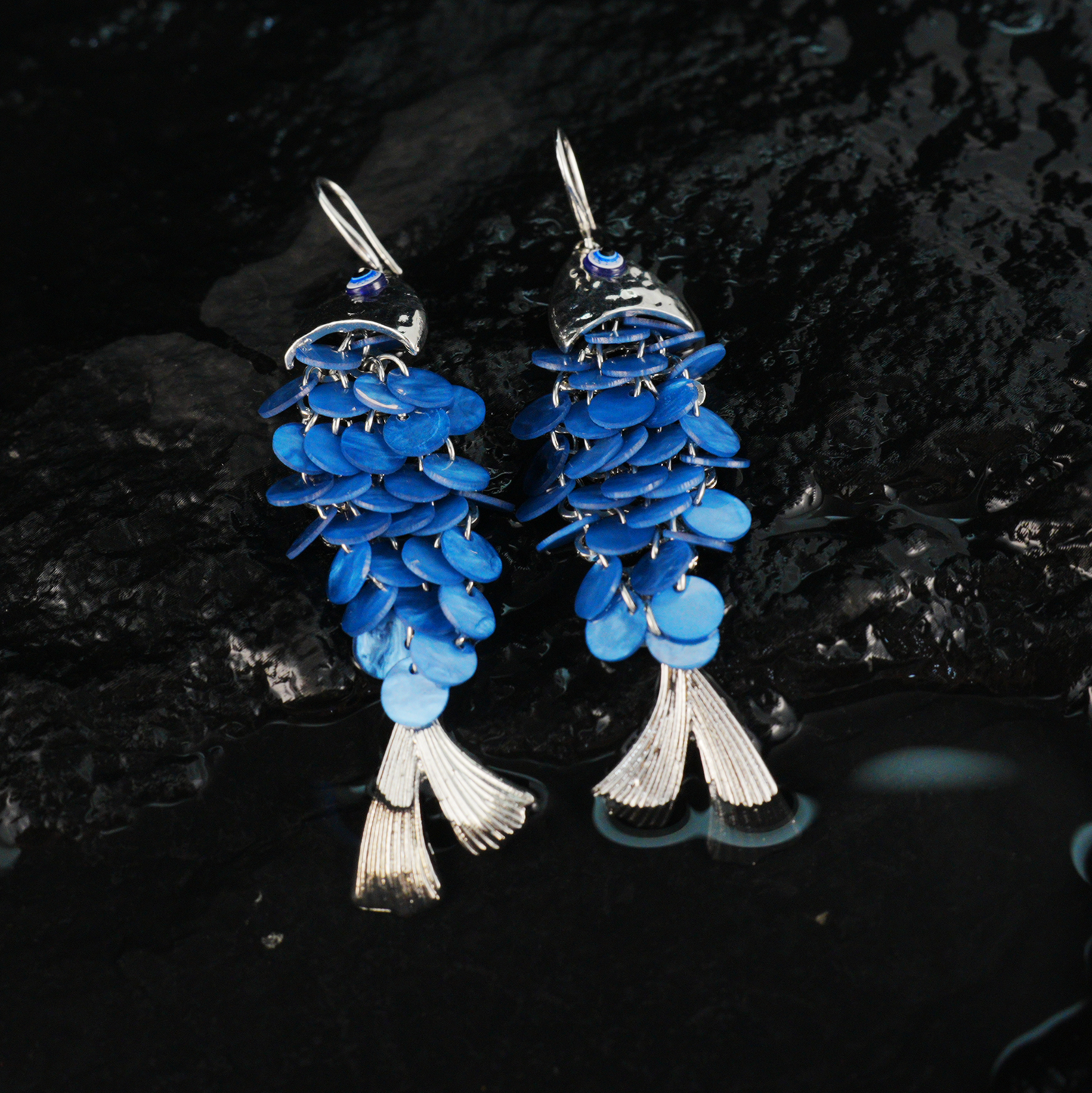Blue Fish Scale Long Dangle Earrings Ocean Style Statement Jewelry for Summer