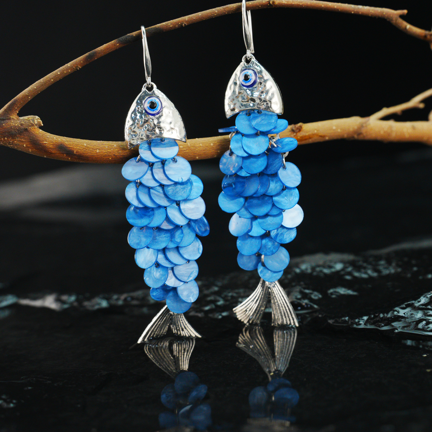 Blue Fish Scale Long Dangle Earrings Ocean Style Statement Jewelry for Summer