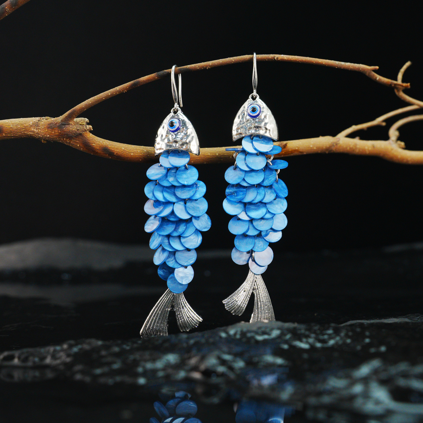 Blue Fish Scale Long Dangle Earrings Ocean Style Statement Jewelry for Summer