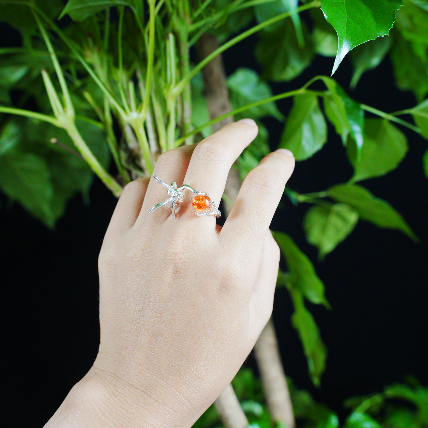 Enchanted Forest Fairy Ring, Gothic Fantasy Elf Jewelry with Orange Gem, Magic Nature Gift