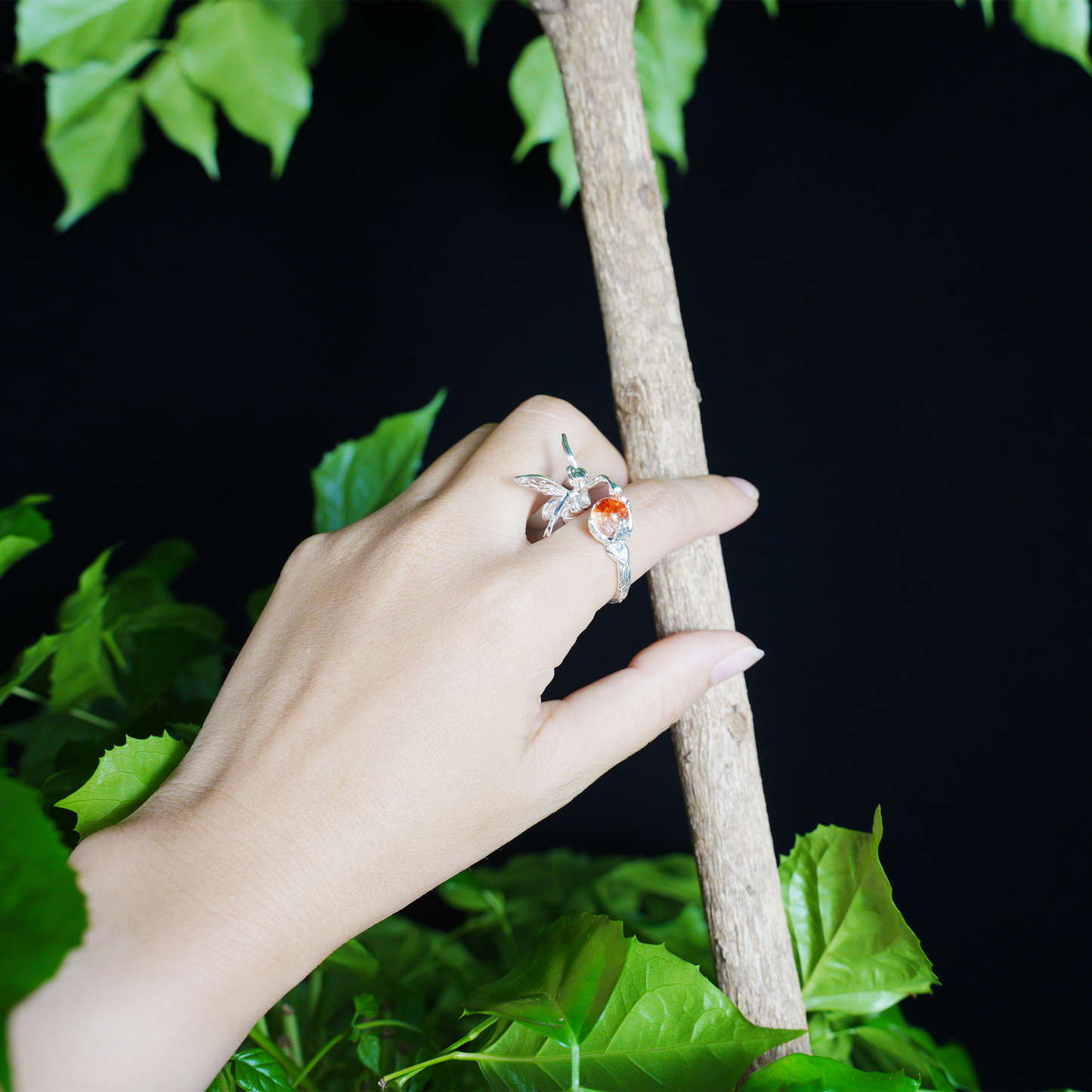 Enchanted Forest Fairy Ring, Gothic Fantasy Elf Jewelry with Orange Gem, Magic Nature Gift