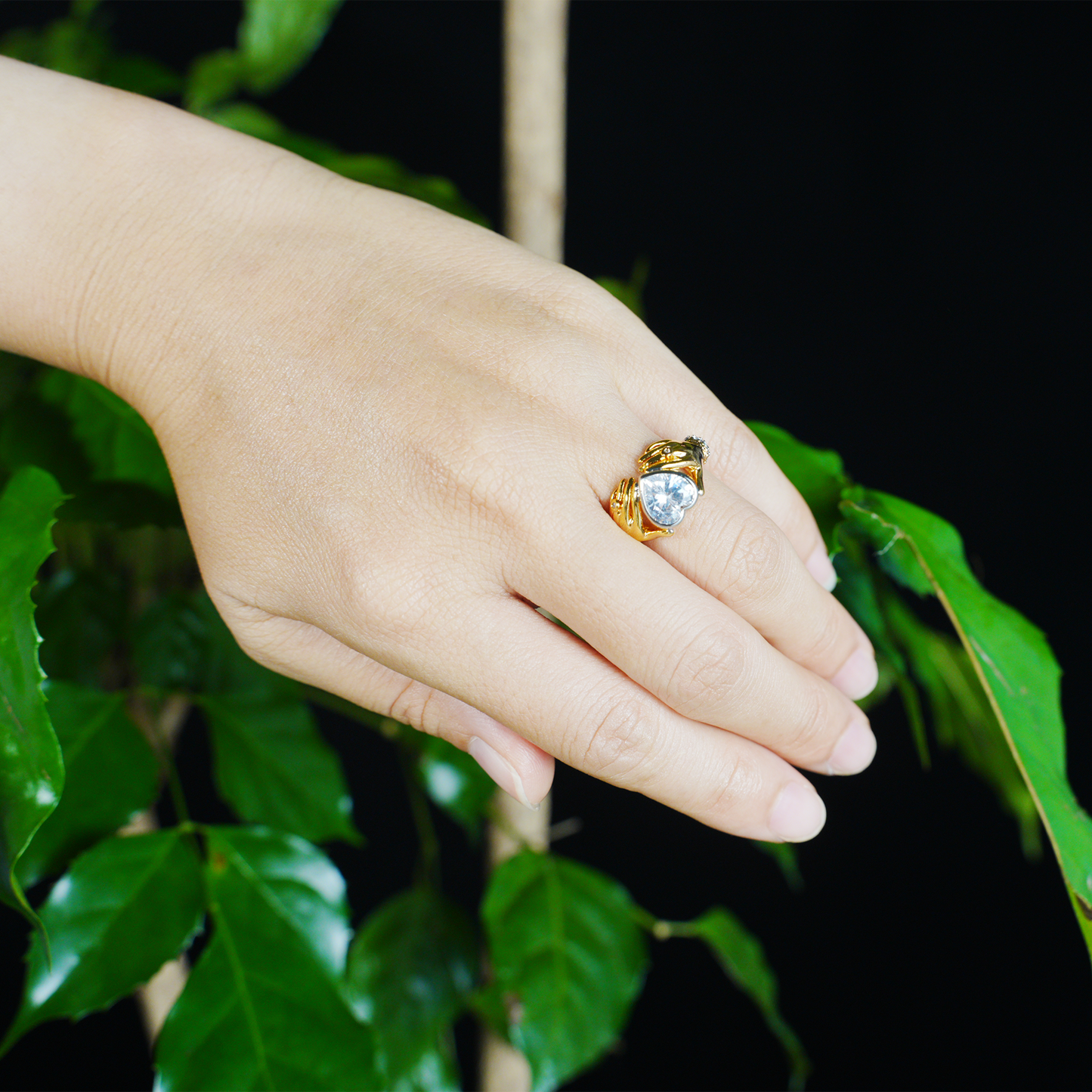 Hands Holding Heart Ring with CZ Stone Vintage Romantic Couple Jewelry
