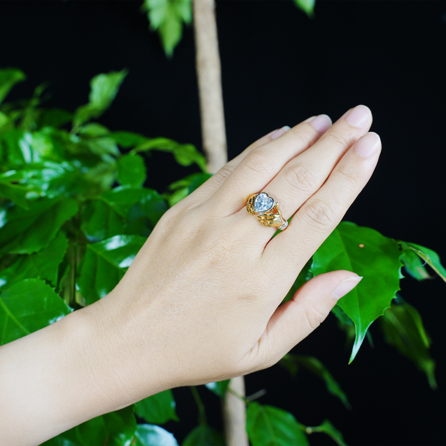 Hands Holding Heart Ring with CZ Stone Vintage Romantic Couple Jewelry