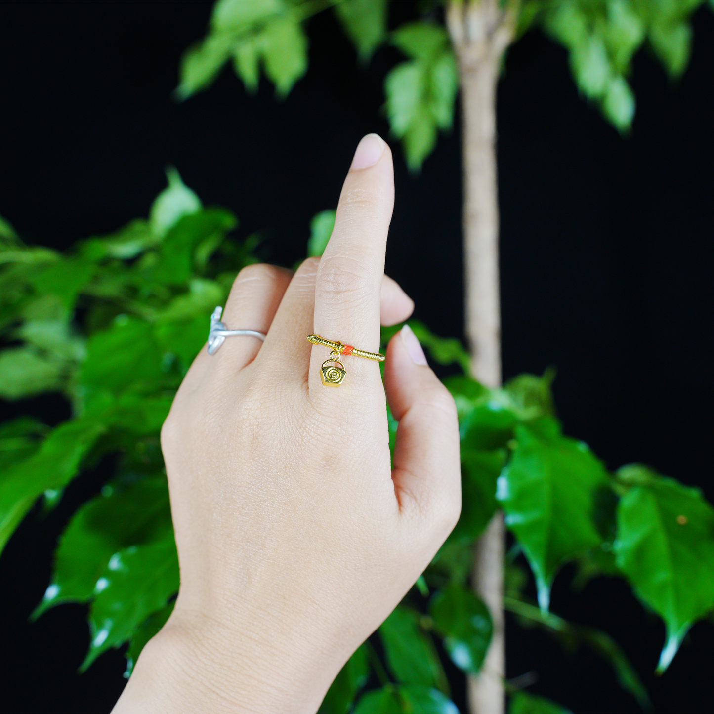 Gold spring ring design ring with red embellishment Chinese auspicious retro ring