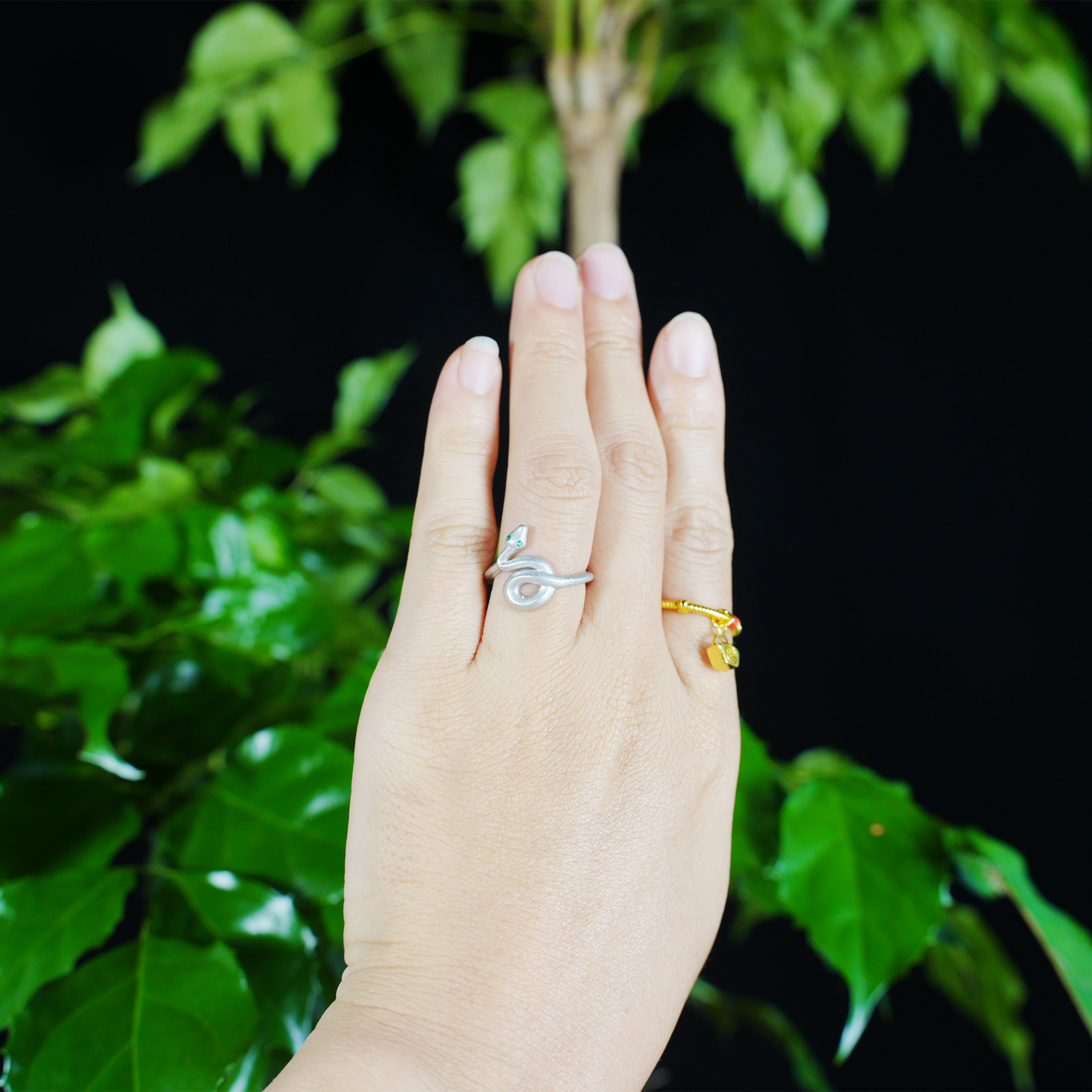Minimalist Snake Ring Gothic Green-Eyed Serpent Solid Brass Band
