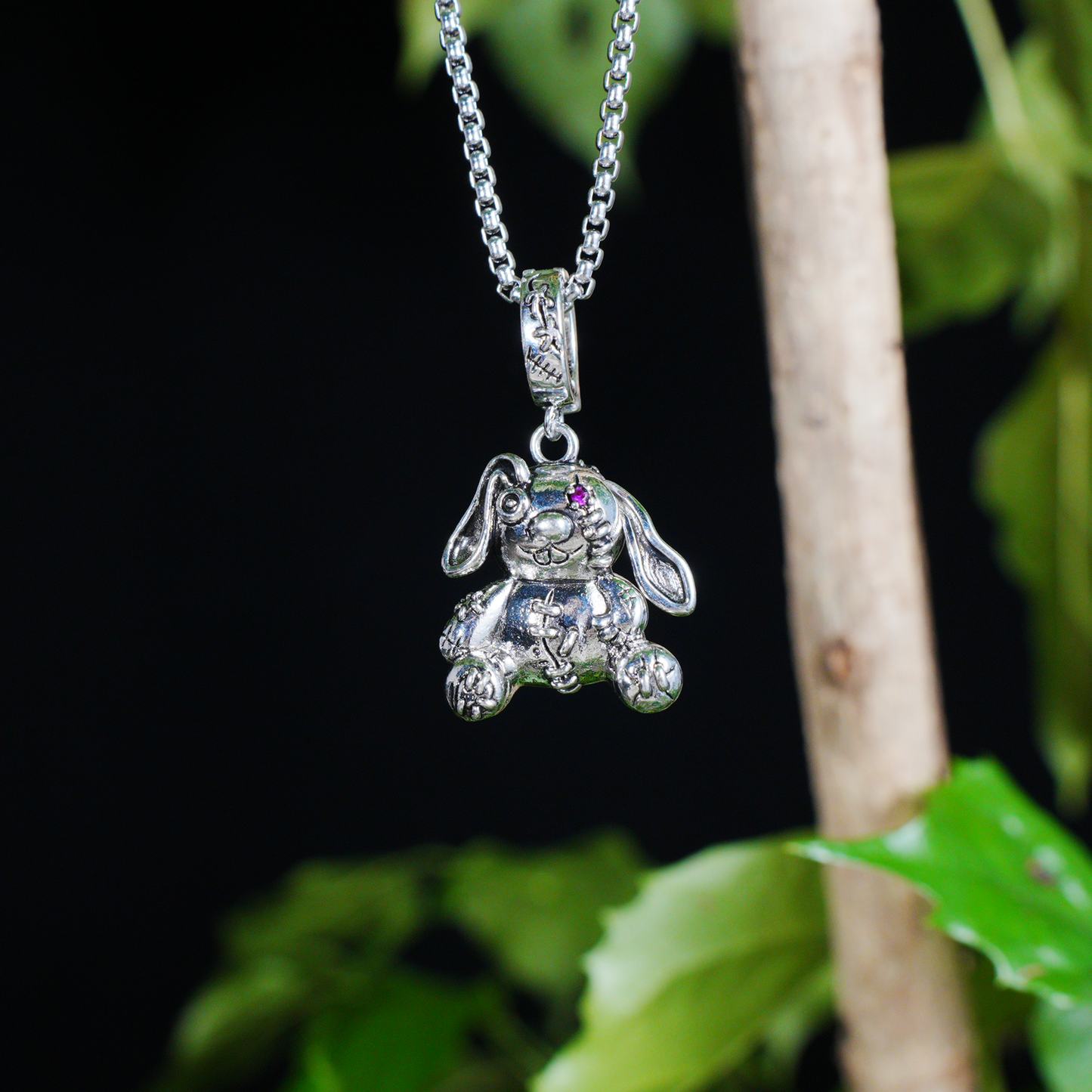 Gothic Stitched Bunny Pendant, Dark Fantasy Plush Rabbit Necklace, Creepy Cute Jewelry