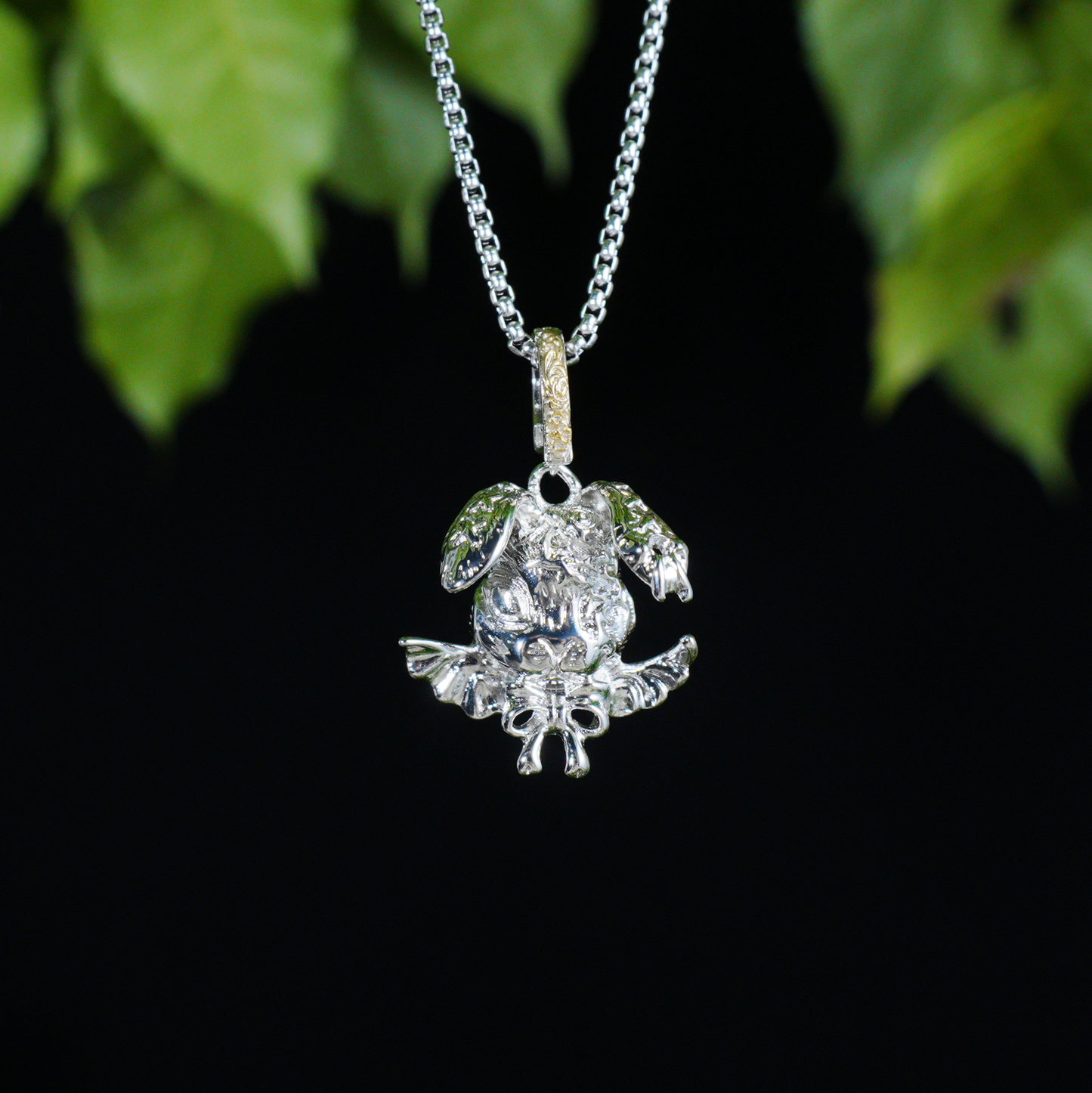 Gothic Winged Bunny Pendant, Fantasy Rabbit Necklace with Bow, Mythical Animal Jewelry
