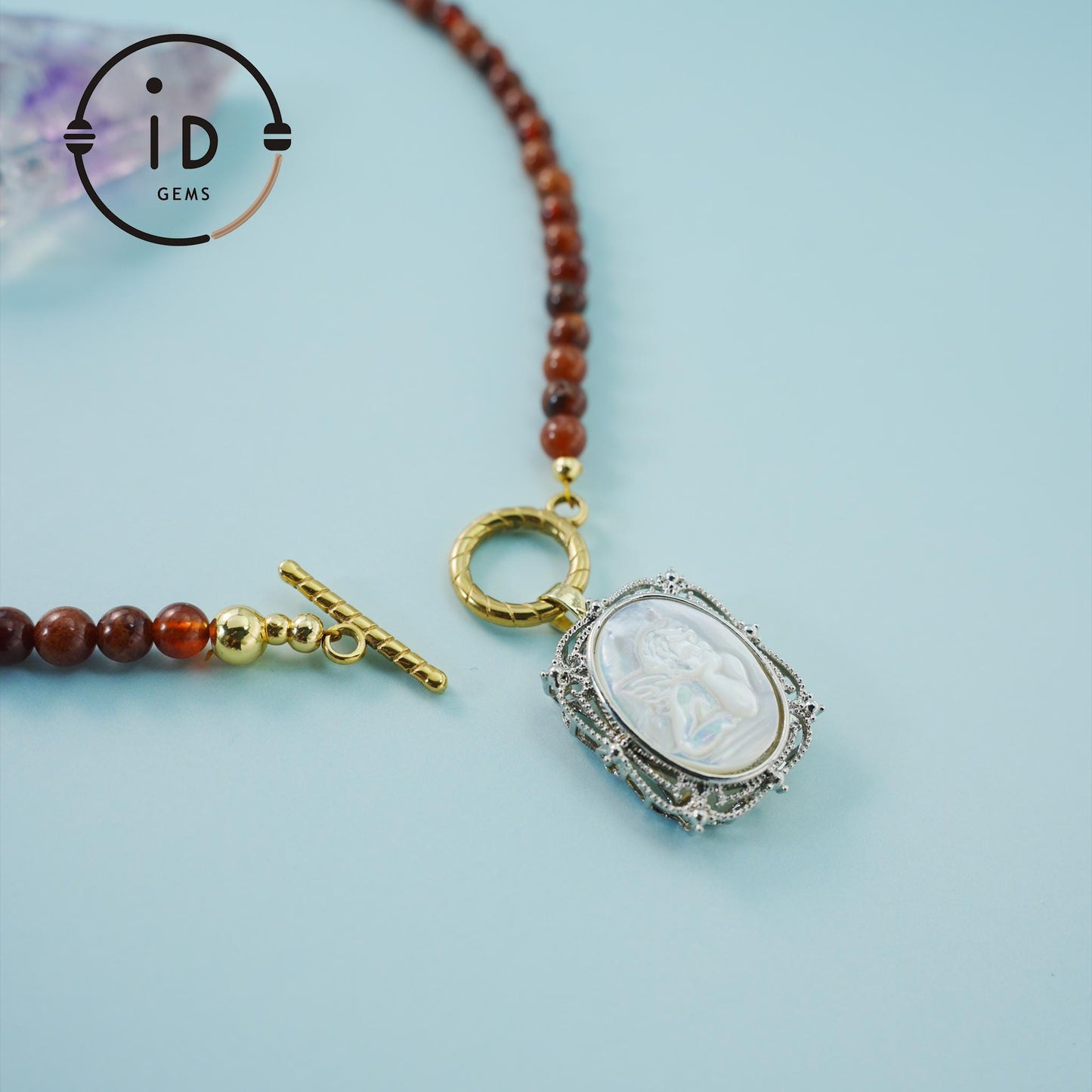 Red Agate Beaded Necklace with Carved Shell Angel Pendant|Handmade Natural Gemstone Jewelry|Unique Spiritual Gift