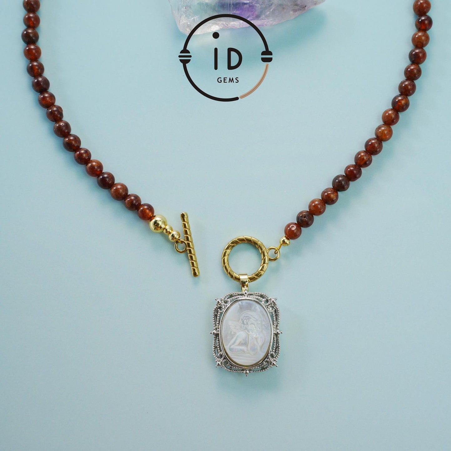 Red Agate Beaded Necklace with Carved Shell Angel Pendant|Handmade Natural Gemstone Jewelry|Unique Spiritual Gift