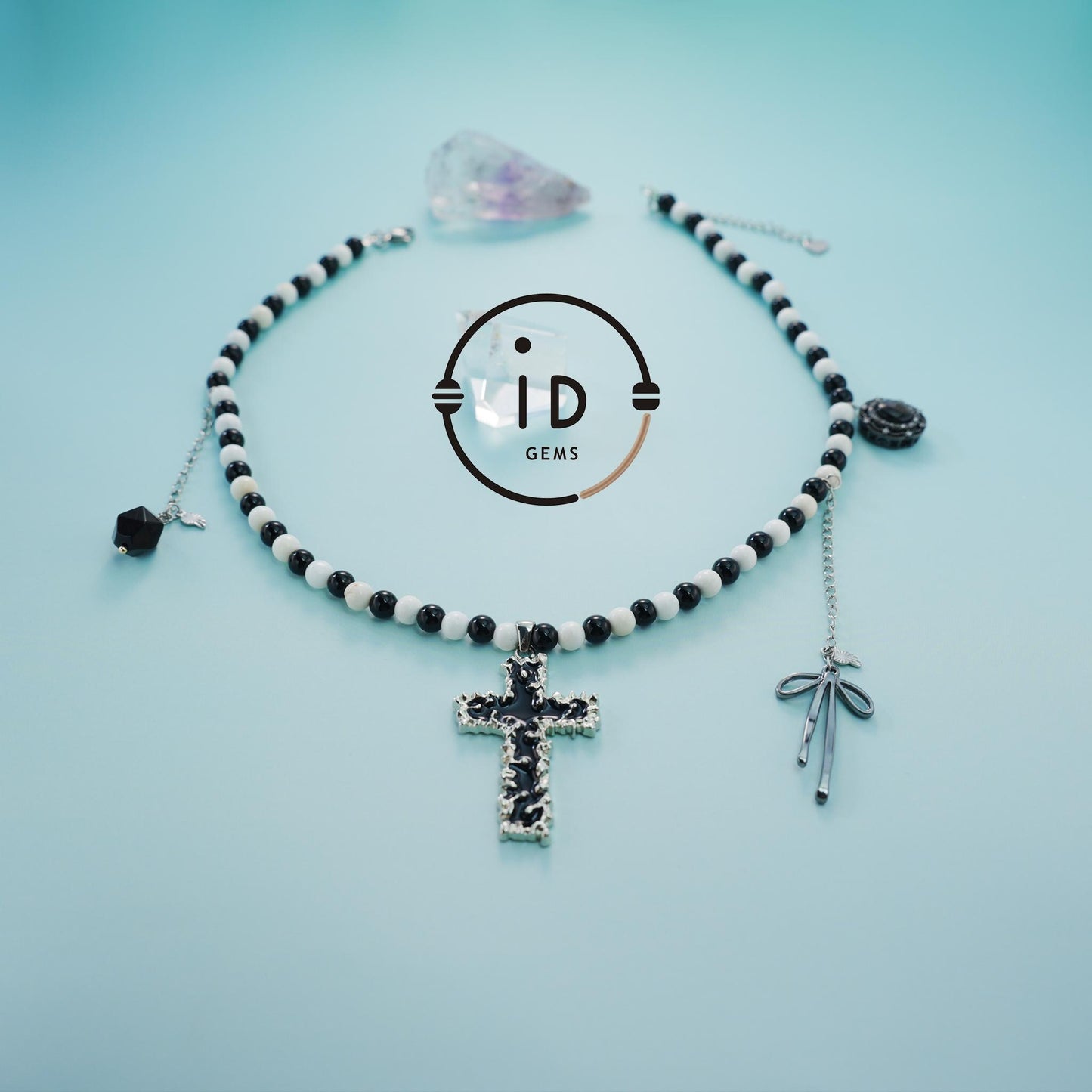 Natural Agate Beaded Necklace with Cross Pendant|Black & White Gemstone Jewelry|Handmade Spiritual Necklace|Unique Gift for Women
