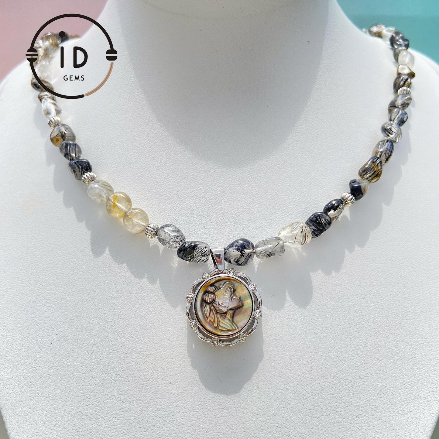 Handmade Cameo Necklace with Girl Pendant|Black Rutilated Quartz Beads|Natural Shell Cameo|Unique Personalized Jewelry Gift